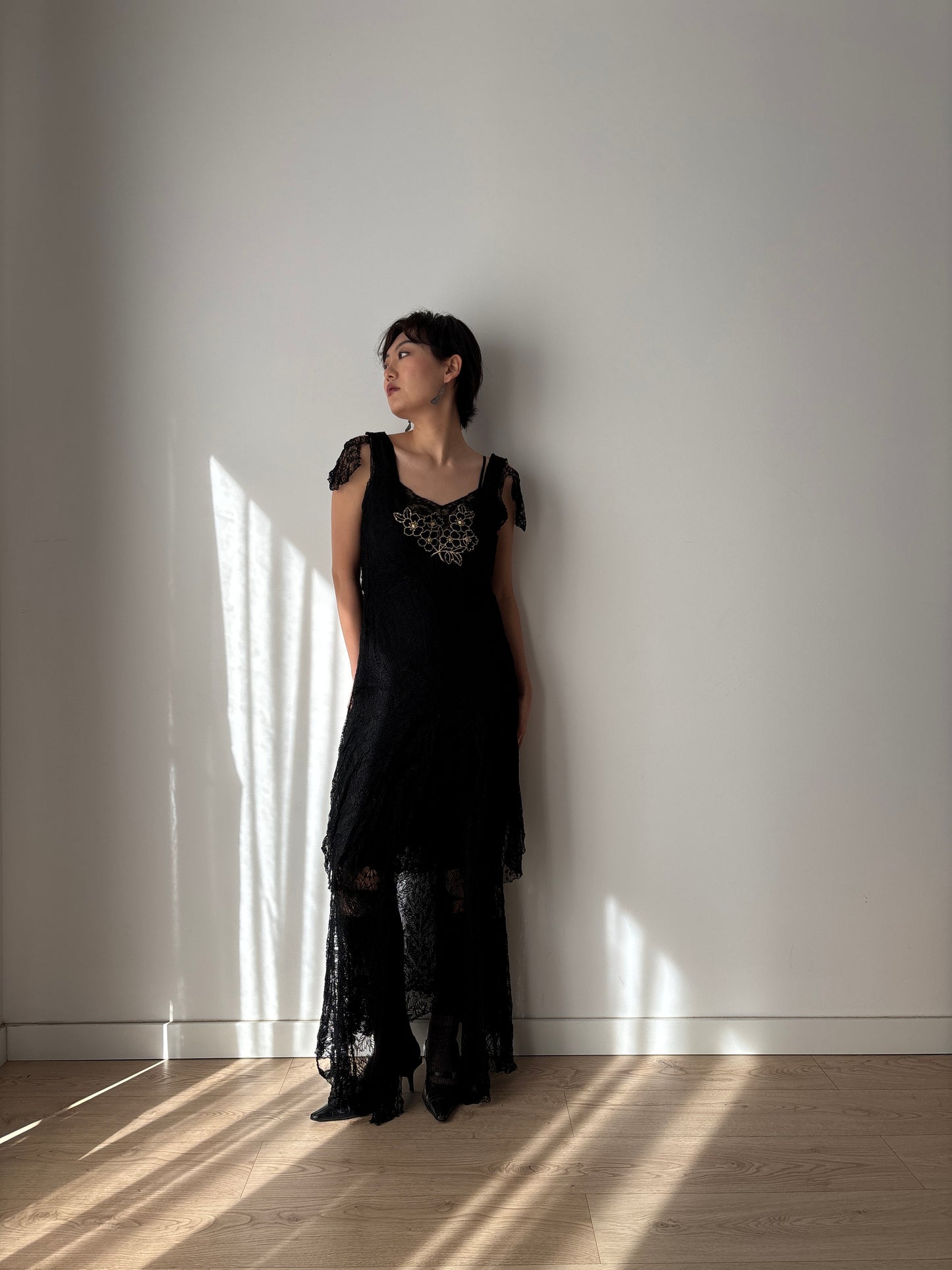 1930s Black Lined Lace Dress With Floral Appliqué