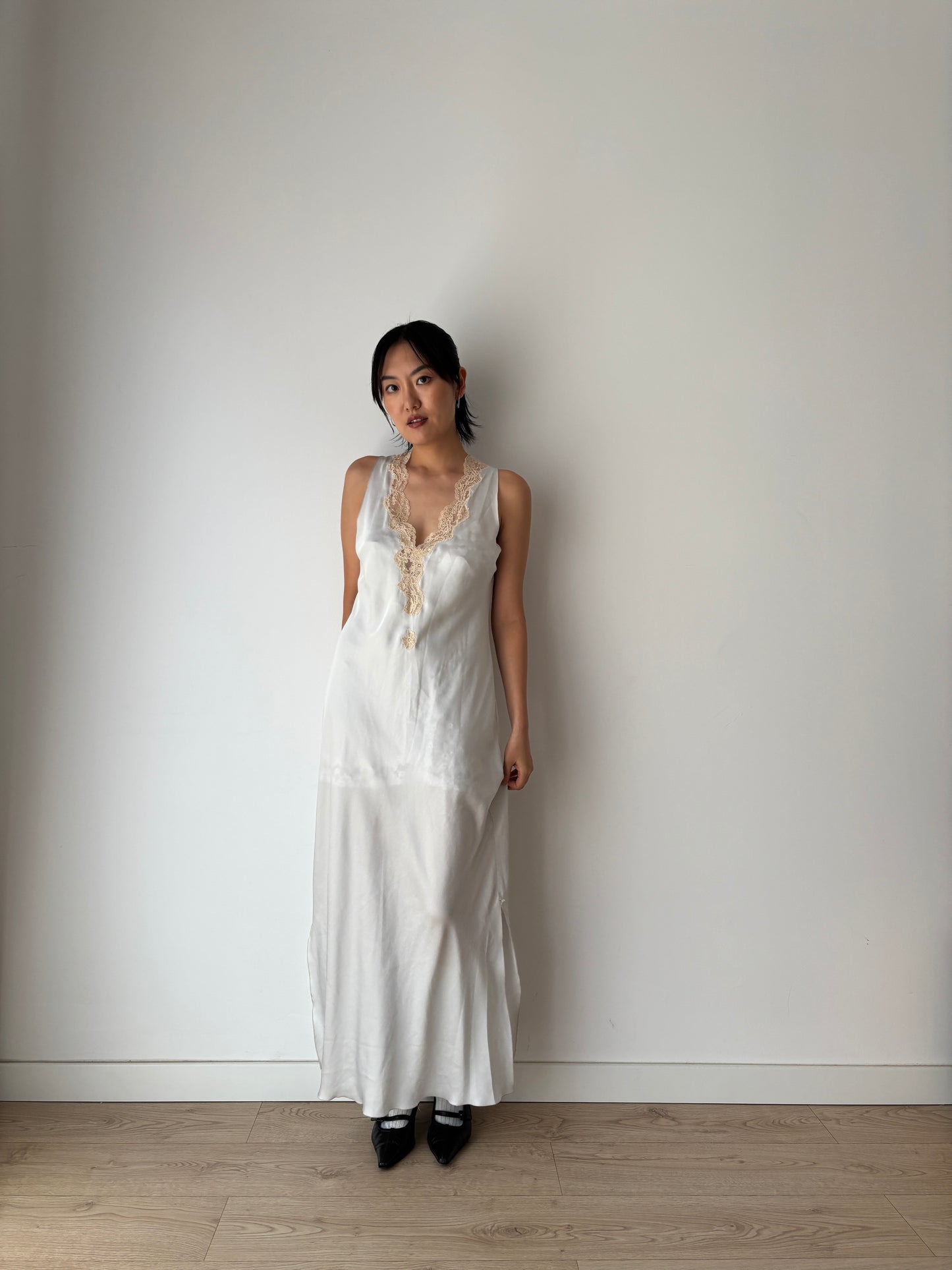 Antique vintage double side slit iquid 100% pure silk lace art deco style blue nightgown romantic maxi slip dress