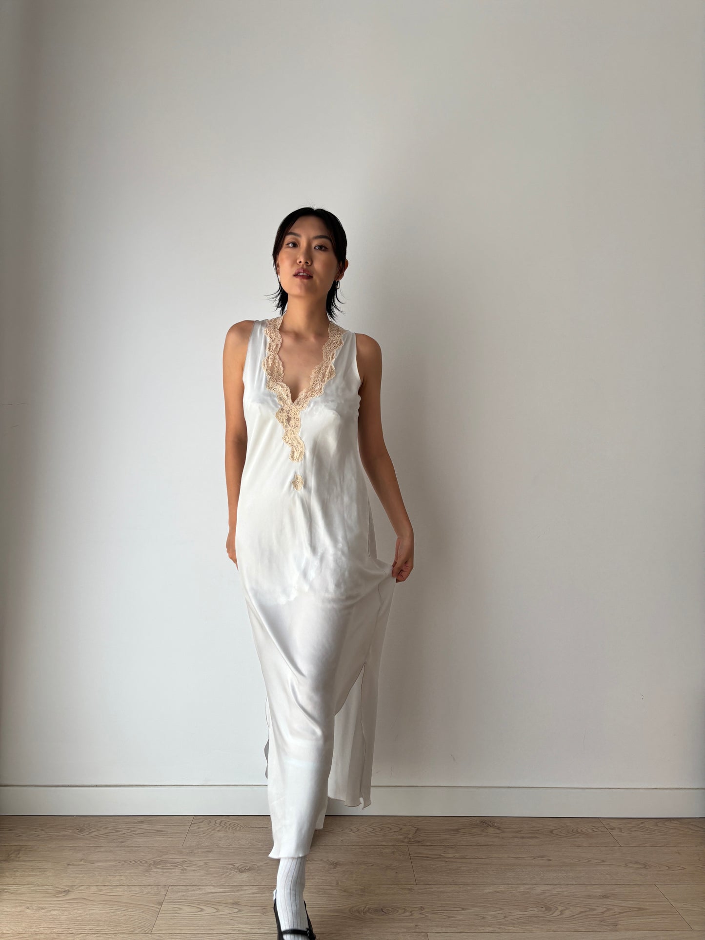 Antique vintage double side slit iquid 100% pure silk lace art deco style blue nightgown romantic maxi slip dress