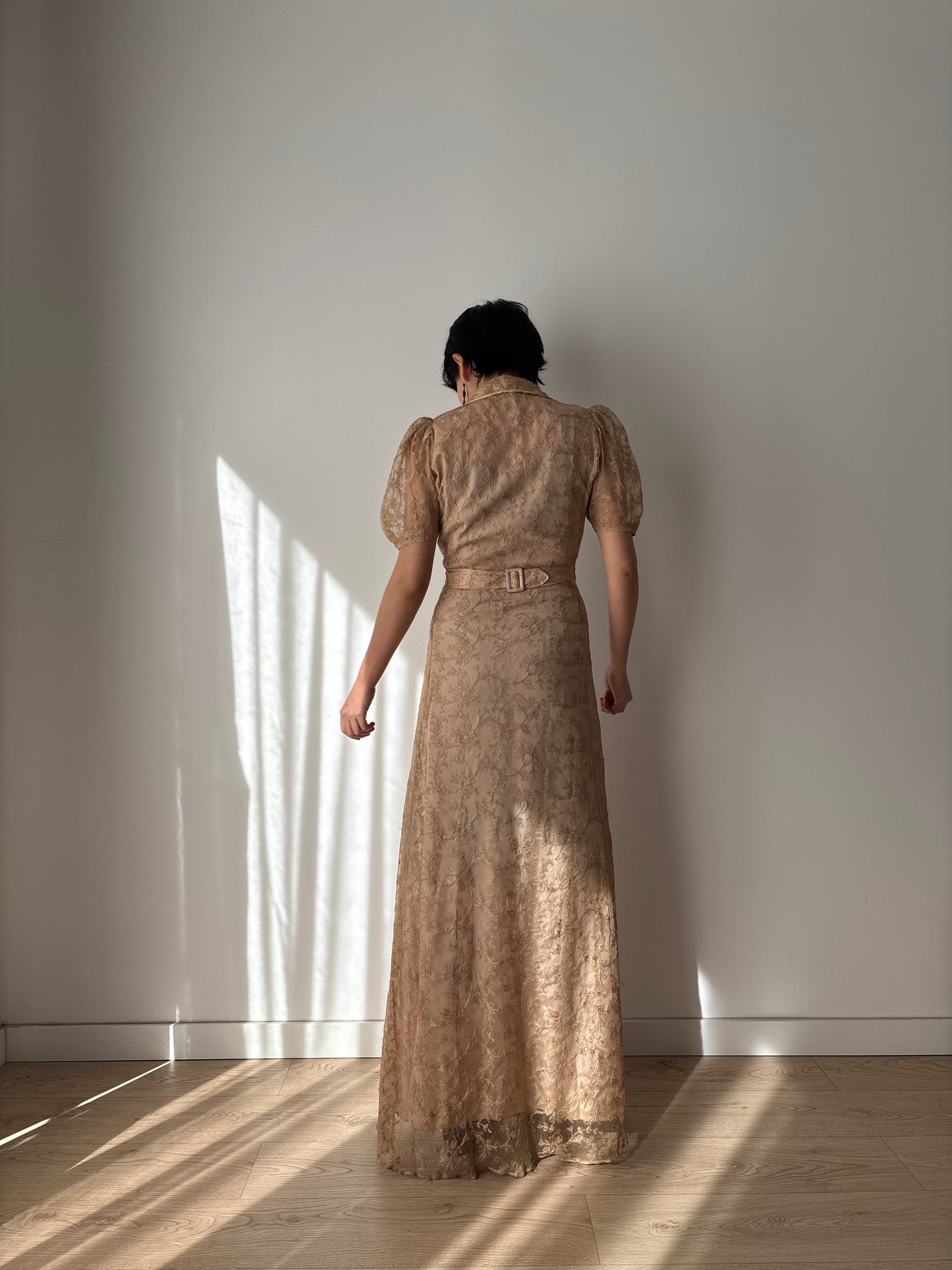 1930s Beige Lace Wrap Dress Lined: Front Button Closure & Puff Sleeves