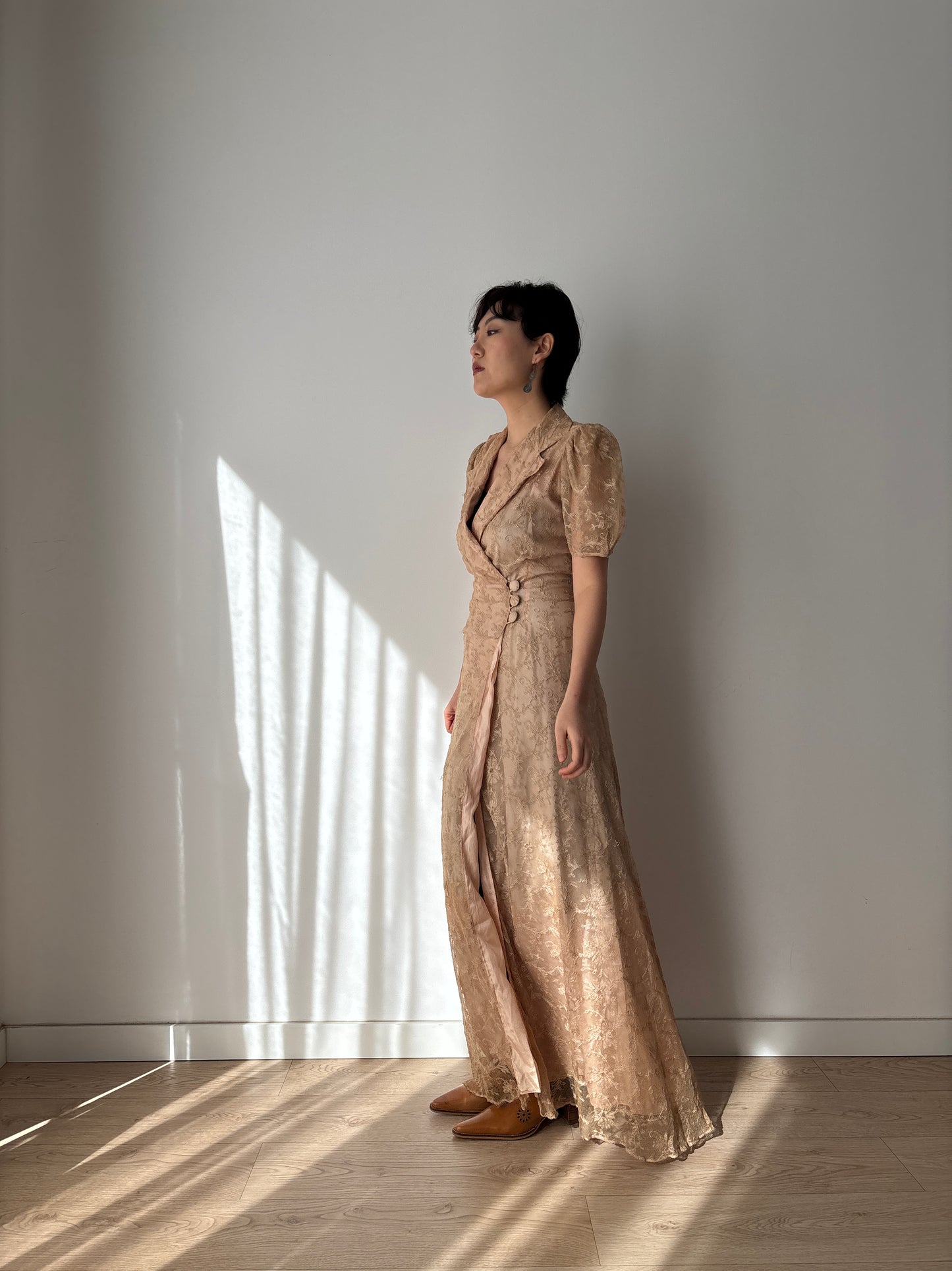 1930s Beige Lace Wrap Dress Lined: Front Button Closure & Puff Sleeves