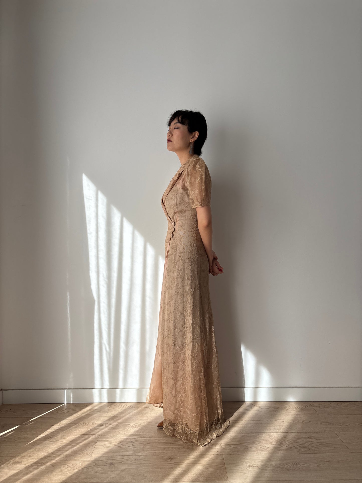 1930s Beige Lace Wrap Dress Lined: Front Button Closure & Puff Sleeves