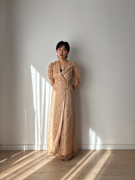 1930s Beige Lace Wrap Dress Lined: Front Button Closure & Puff Sleeves