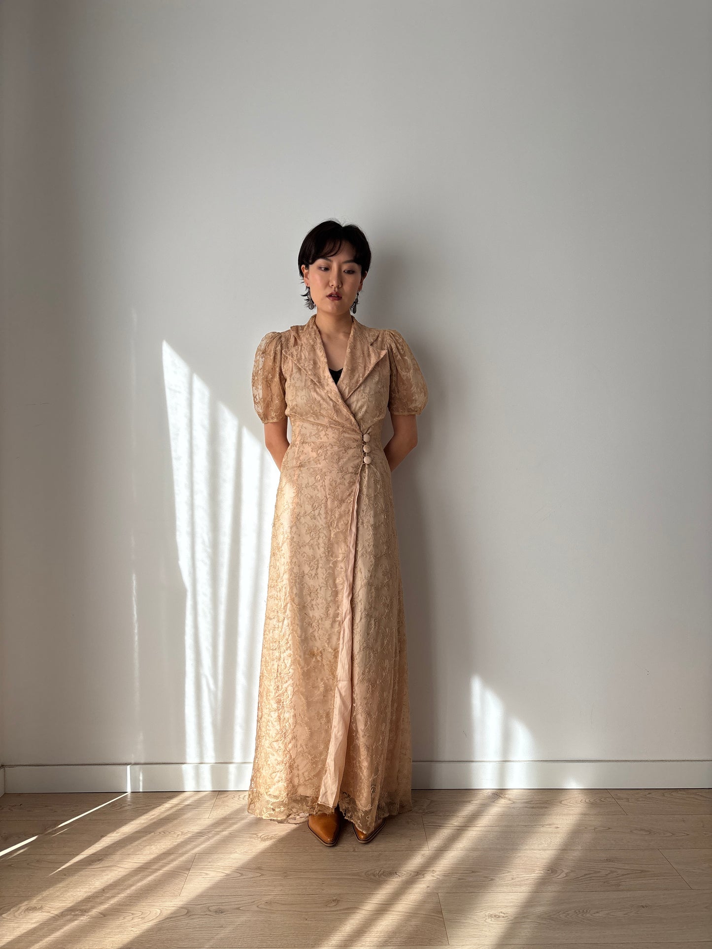 1930s Beige Lace Wrap Dress Lined: Front Button Closure & Puff Sleeves