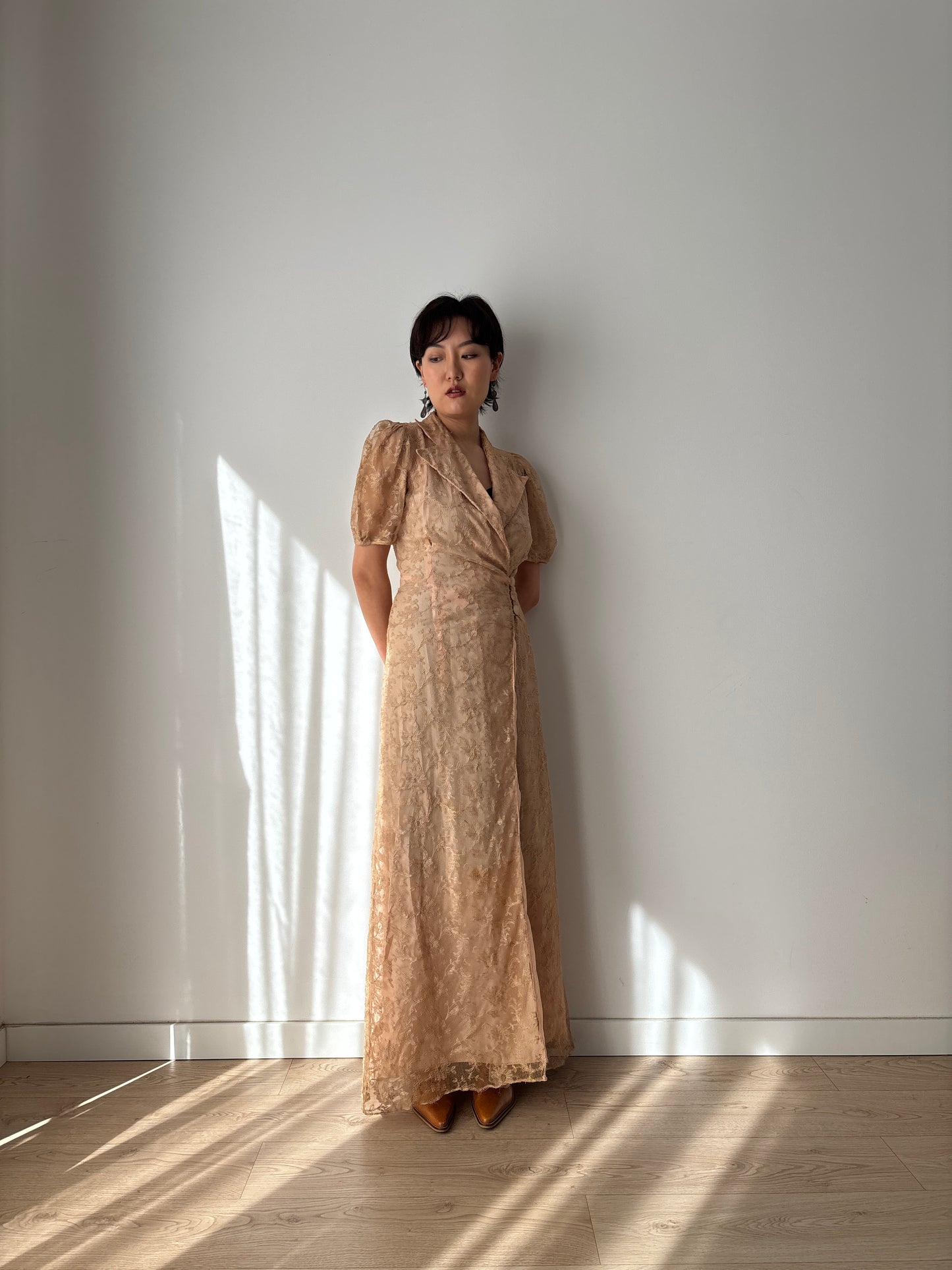 1930s Beige Lace Wrap Dress Lined: Front Button Closure & Puff Sleeves