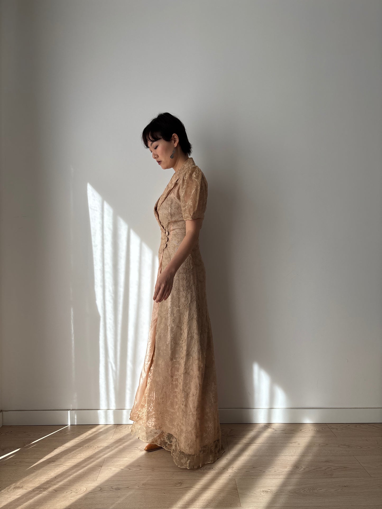 1930s Beige Lace Wrap Dress Lined: Front Button Closure & Puff Sleeves