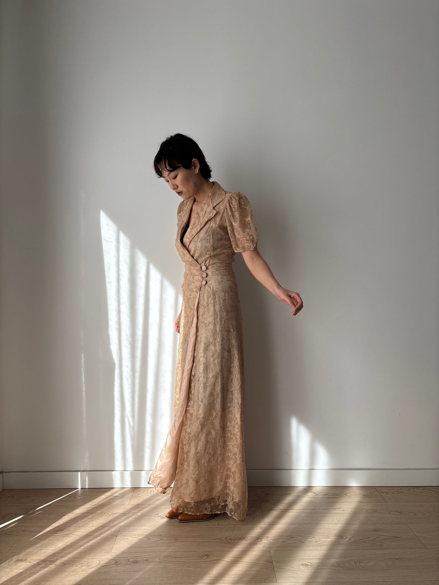 1930s Beige Lace Wrap Dress Lined: Front Button Closure & Puff Sleeves