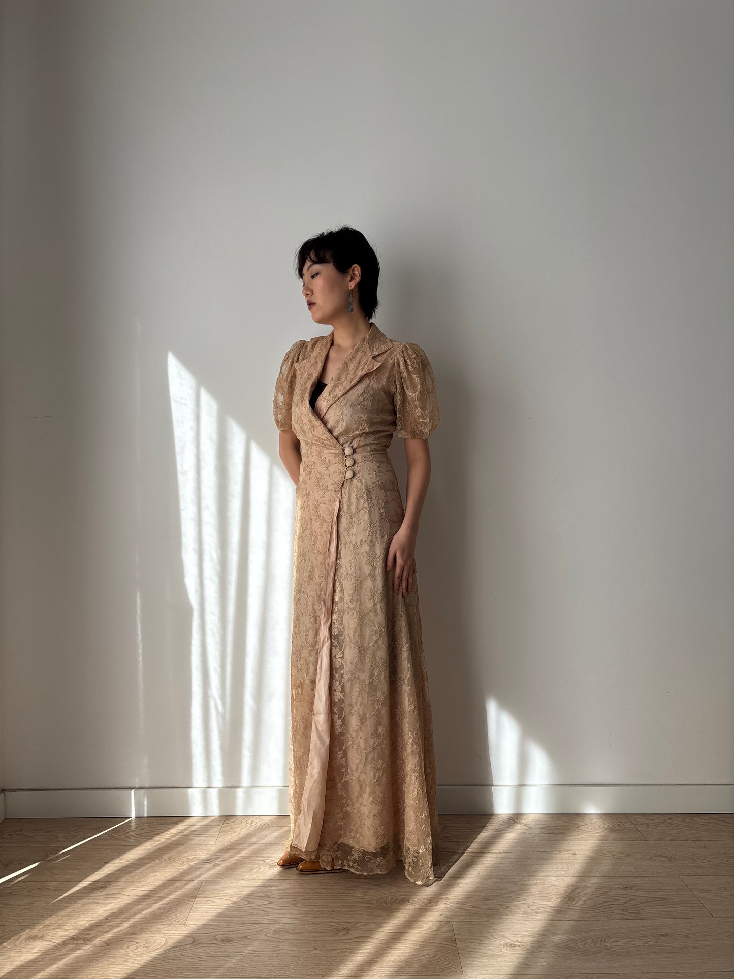 1930s Beige Lace Wrap Dress Lined: Front Button Closure & Puff Sleeves