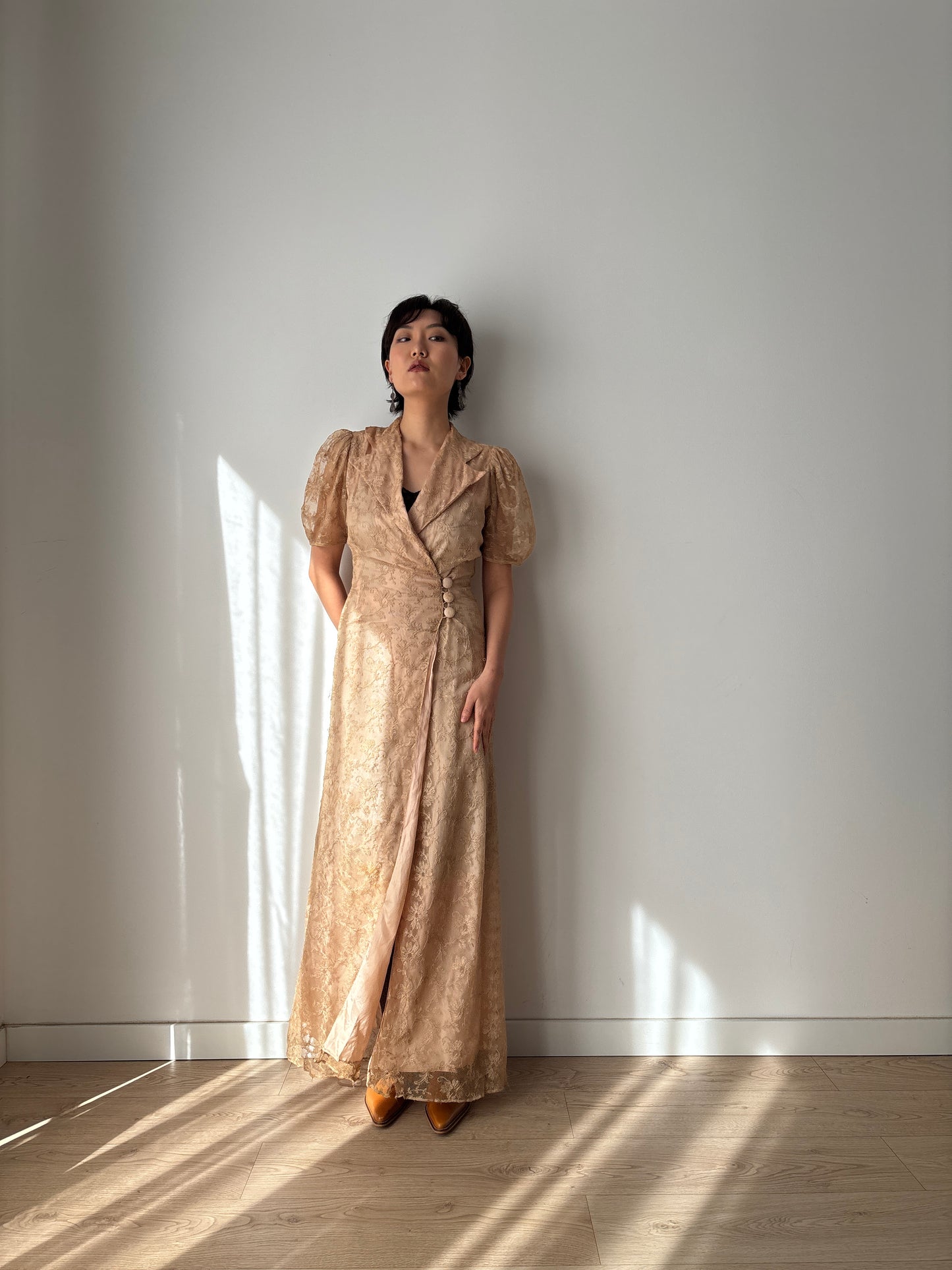 1930s Beige Lace Wrap Dress Lined: Front Button Closure & Puff Sleeves