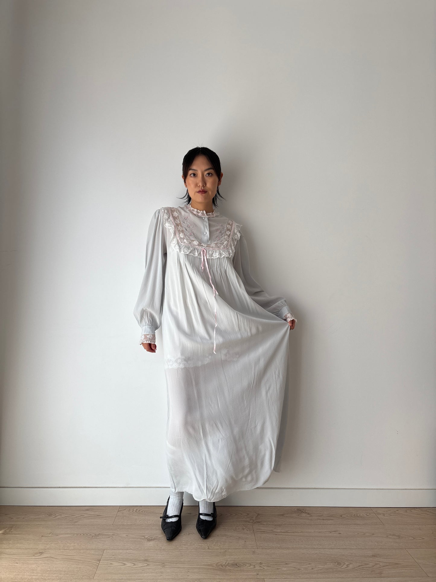 Vintage Romantic Blue liquid pure silk chiffon nightdress