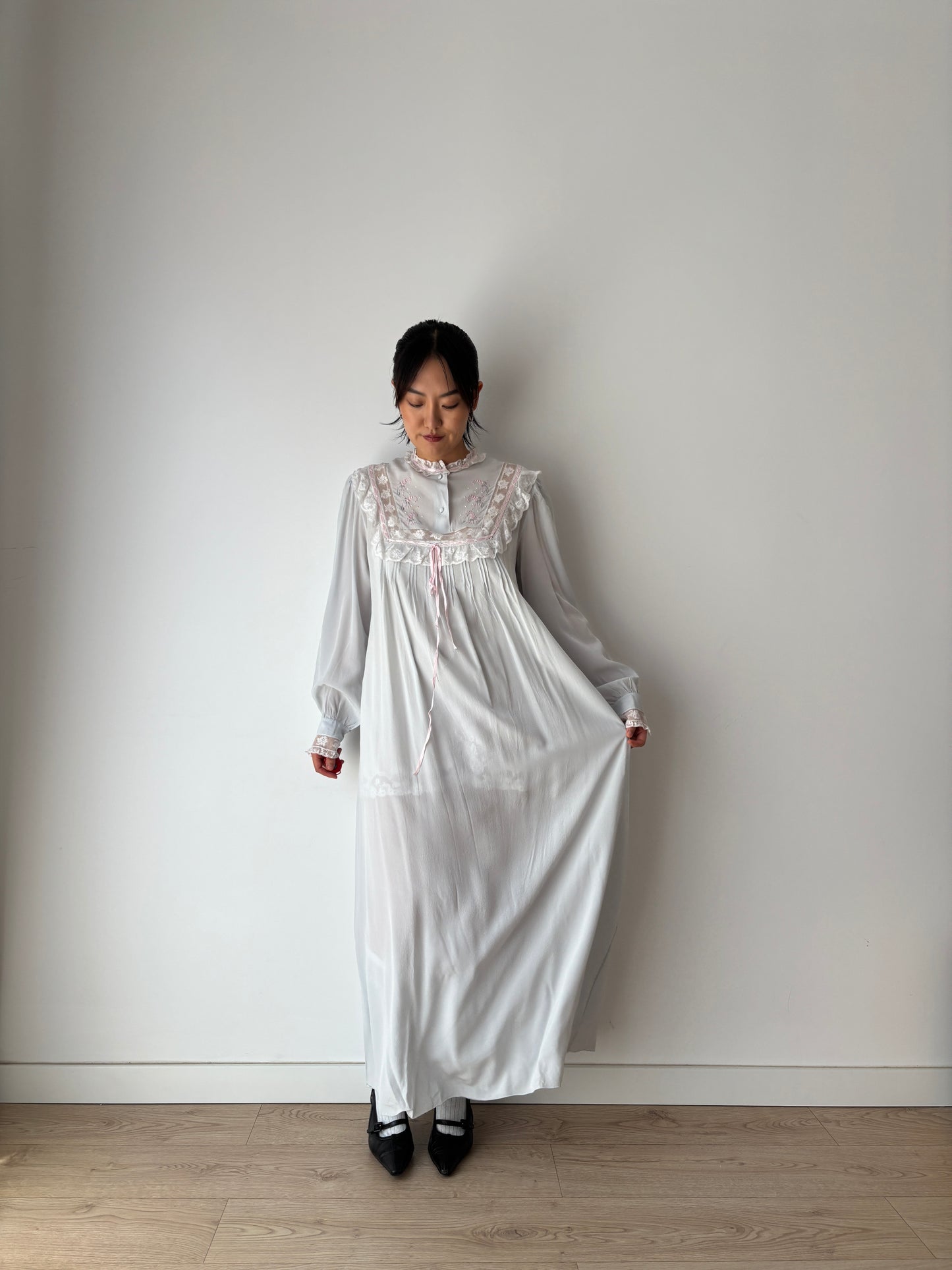 Vintage Romantic Blue liquid pure silk chiffon nightdress