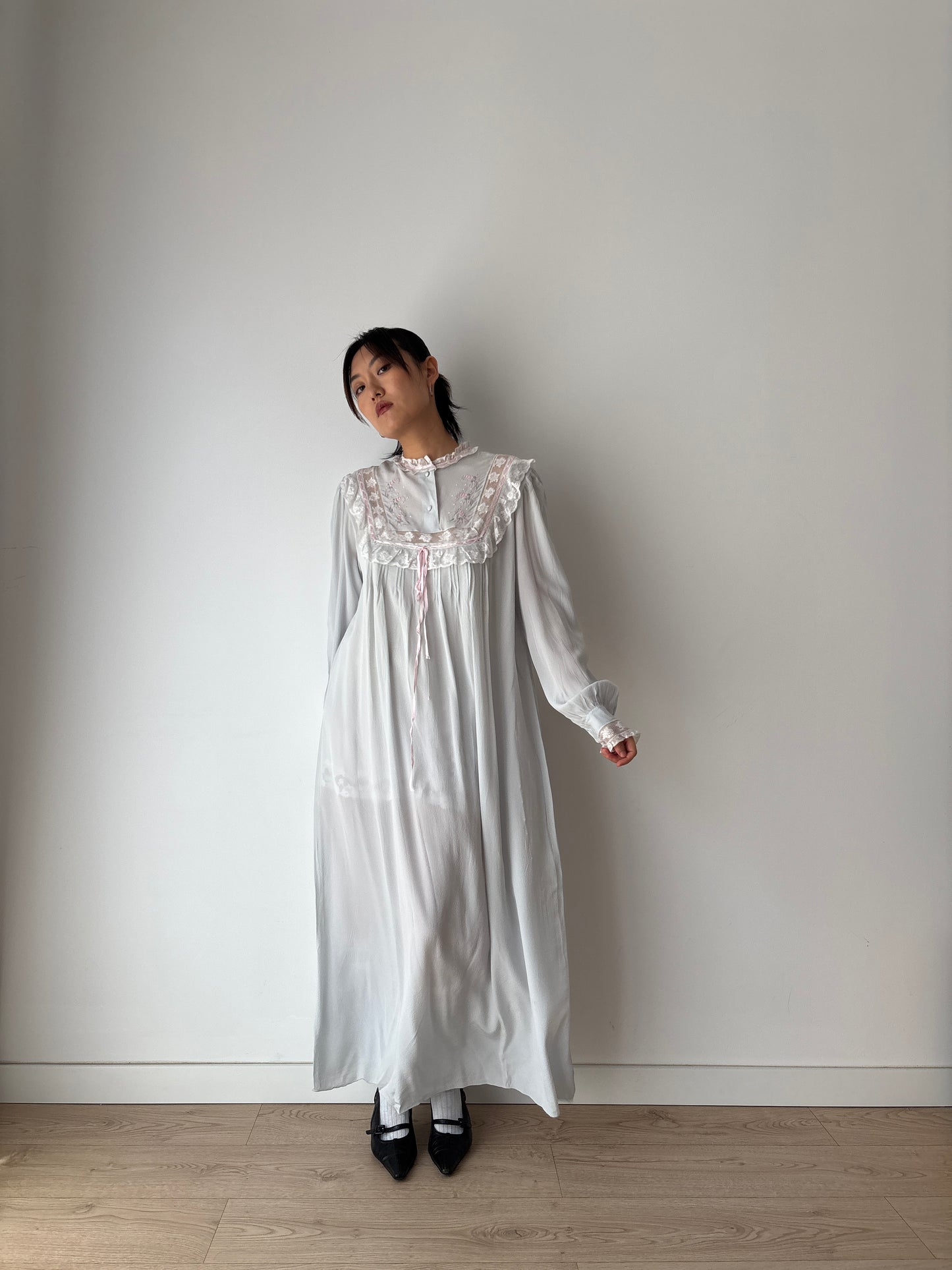 Vintage Romantic Blue liquid pure silk chiffon nightdress