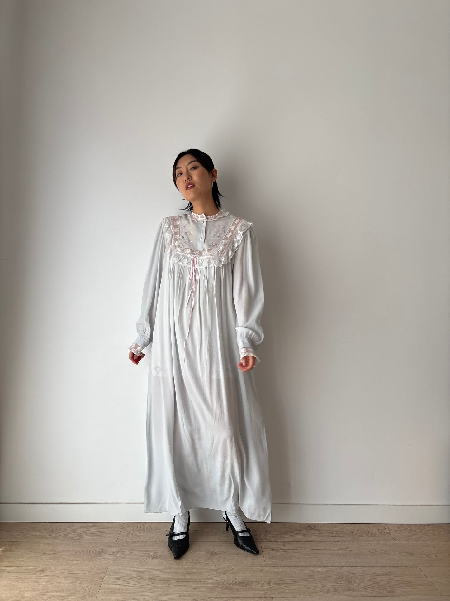 Vintage Romantic Blue liquid pure silk chiffon nightdress