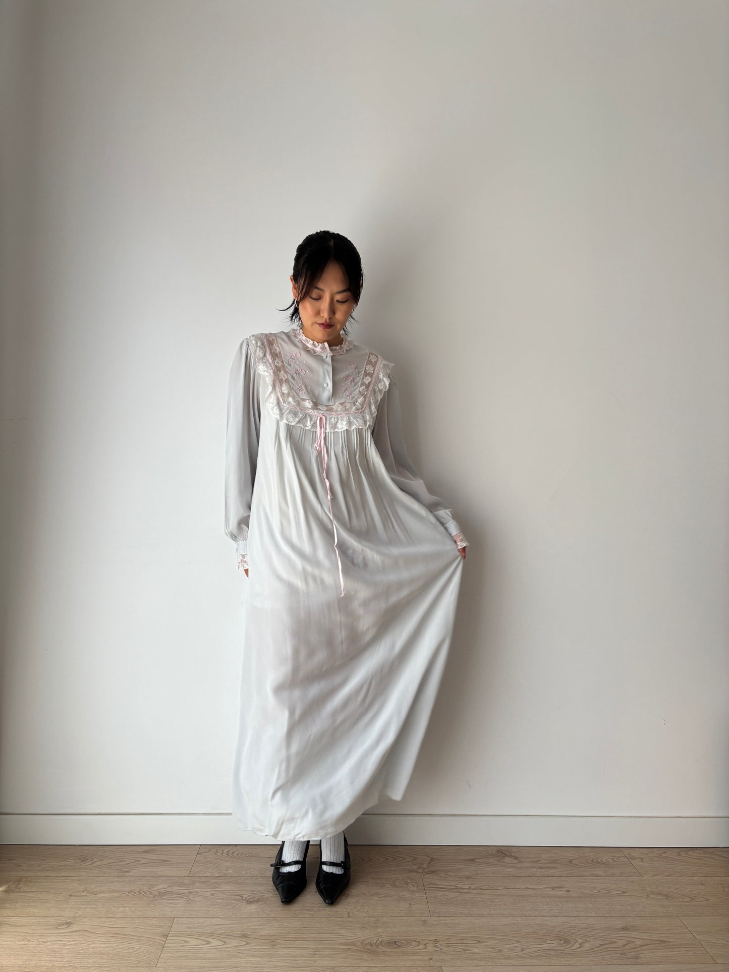 Vintage Romantic Blue liquid pure silk chiffon nightdress