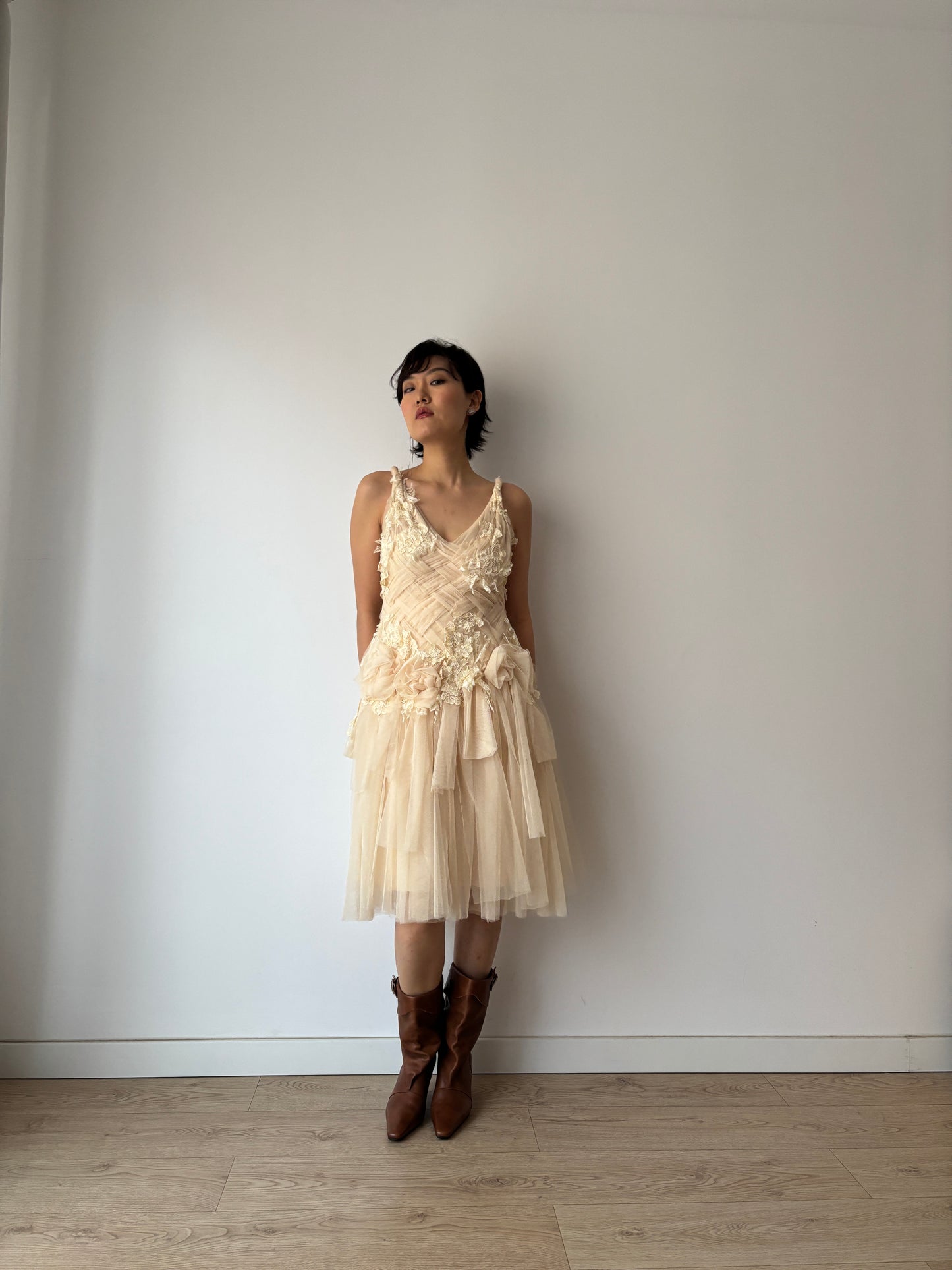 Y2K Romantic Organza Dress: Lace Appliqué Roses, Crisscross Bodice, Layered Skirt & Twisted Straps