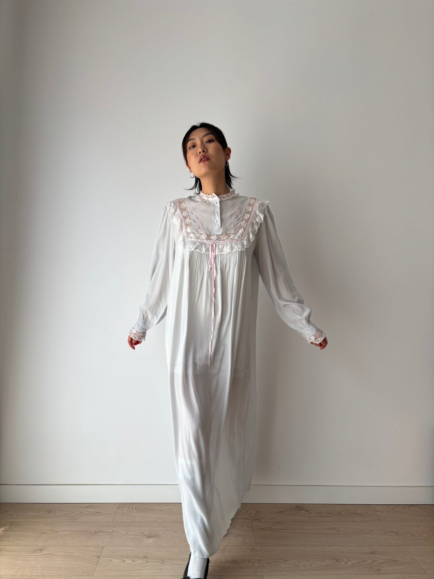 Vintage Romantic Blue liquid pure silk chiffon nightdress