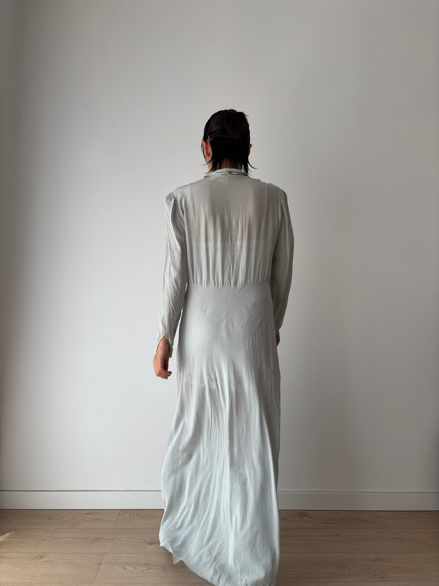 1930s Antique Blue Bias Cut Negligee Pure Silk Crepe Embroidery Nightgown