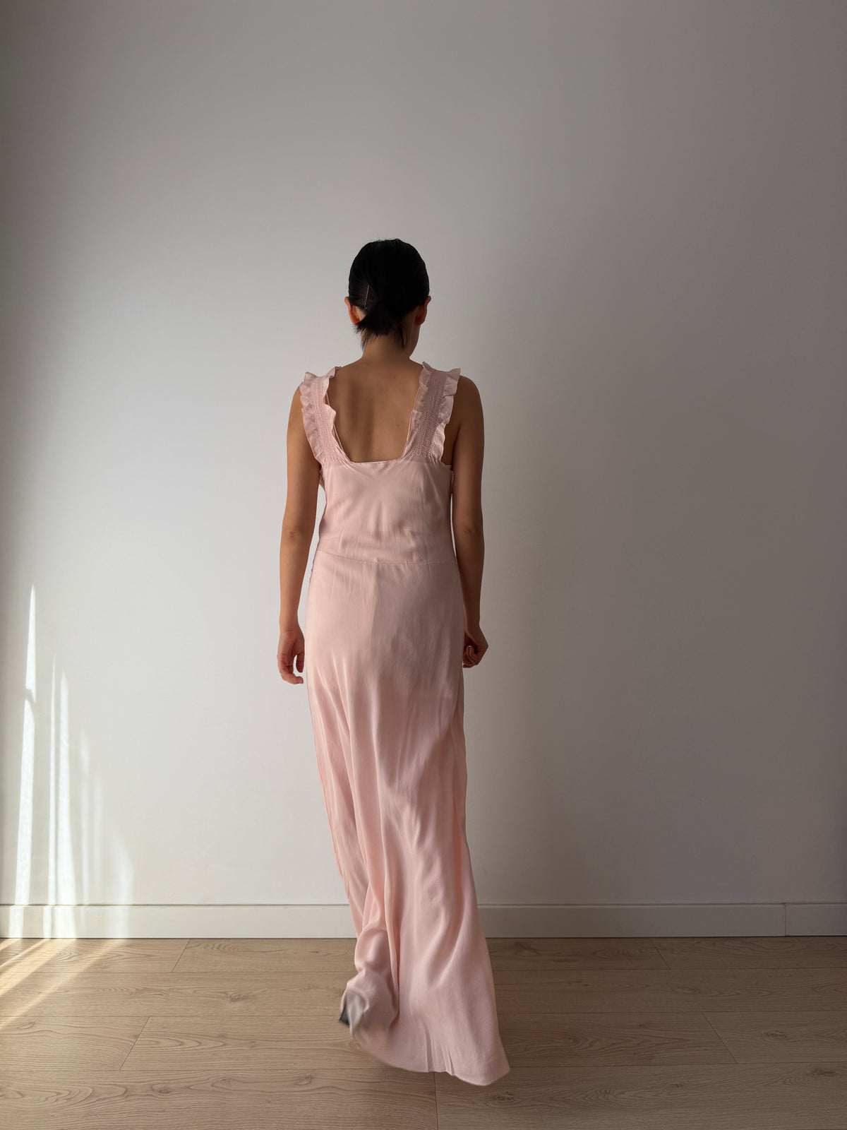 1930s–1940s Pink Pure Silk Nightgown, Ruffled Straps and Ruched Bodice, Vintage Maxi Slip Dress