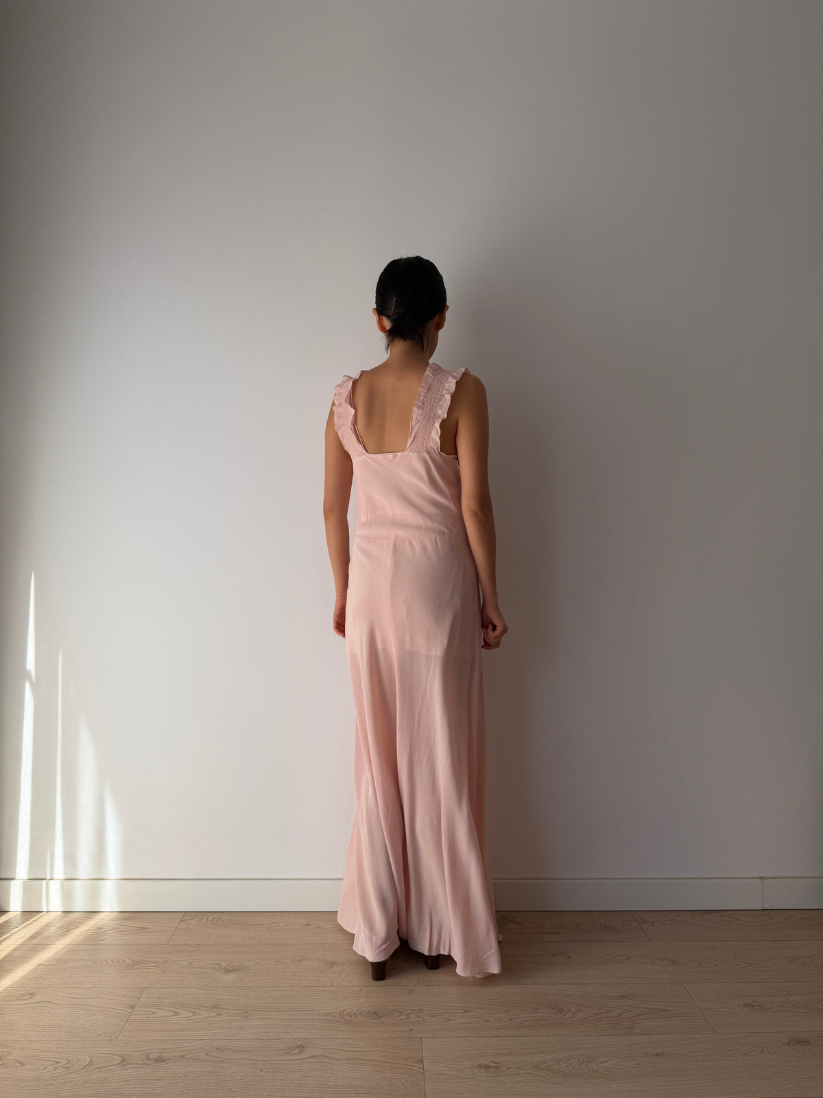 1930s–1940s Pink Pure Silk Nightgown, Ruffled Straps and Ruched Bodice, Vintage Maxi Slip Dress