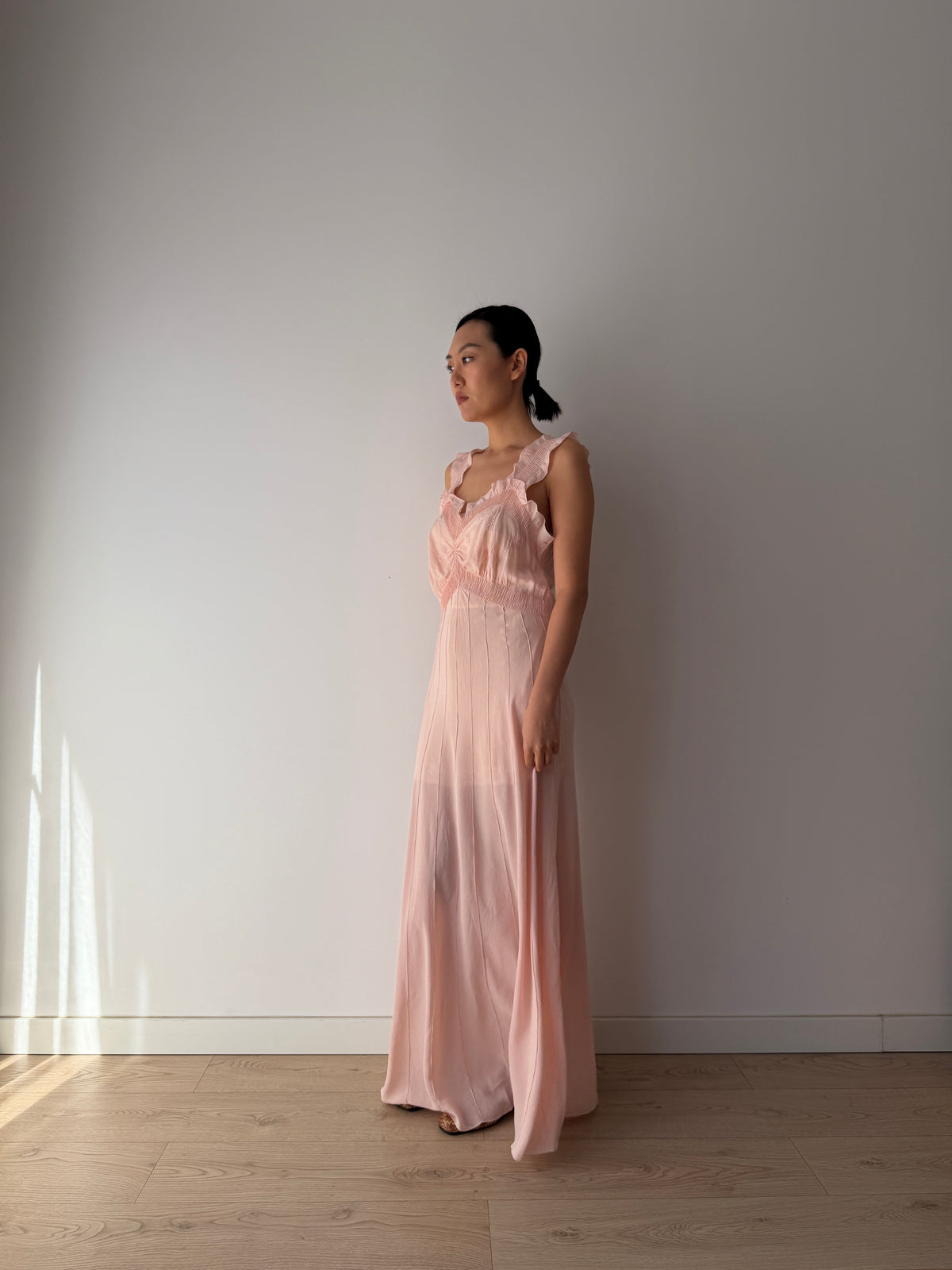 1930s–1940s Pink Pure Silk Nightgown, Ruffled Straps and Ruched Bodice, Vintage Maxi Slip Dress