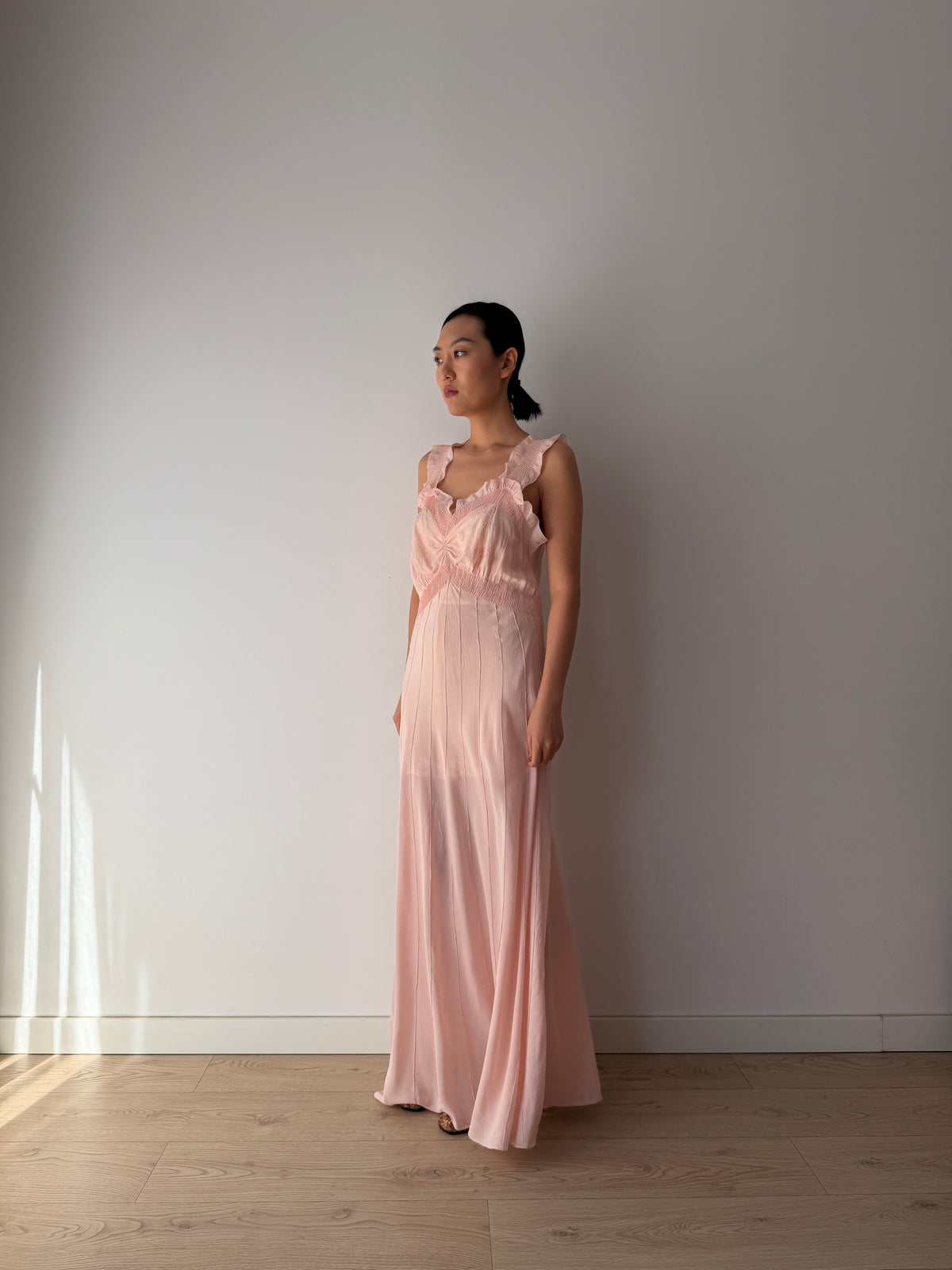 1930s–1940s Pink Pure Silk Nightgown, Ruffled Straps and Ruched Bodice, Vintage Maxi Slip Dress