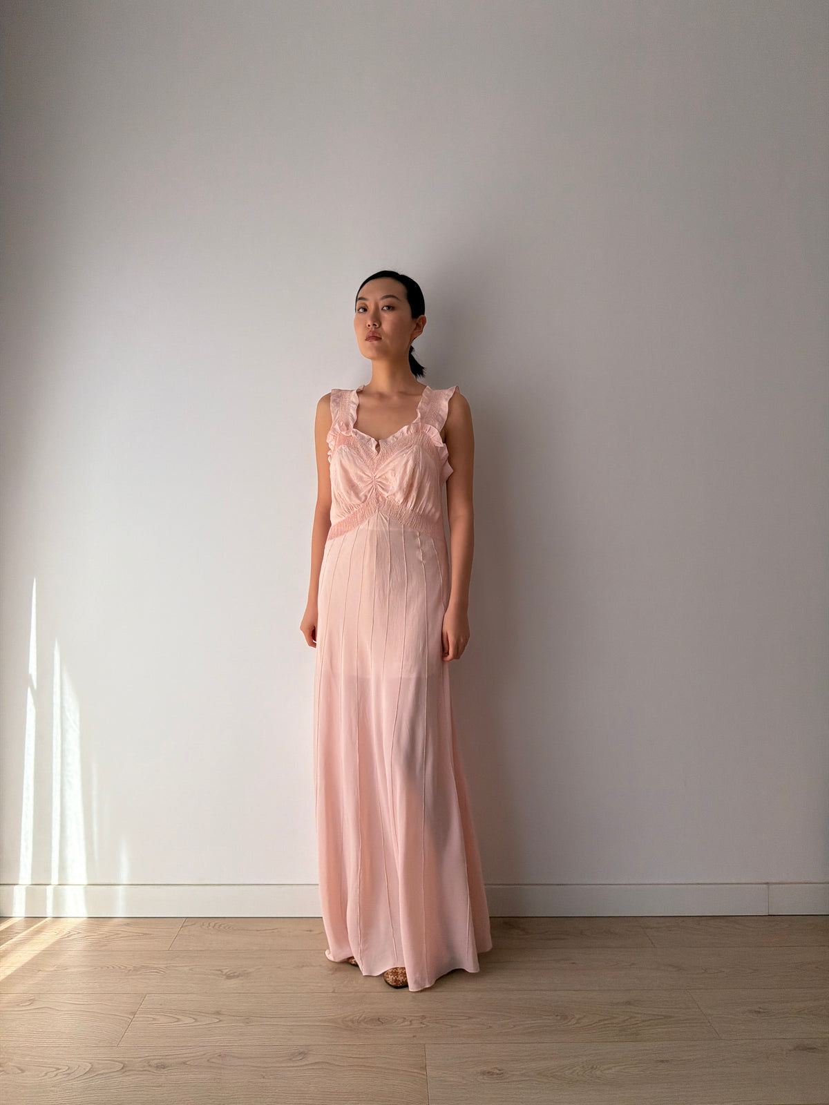 1930s–1940s Pink Pure Silk Nightgown, Ruffled Straps and Ruched Bodice, Vintage Maxi Slip Dress