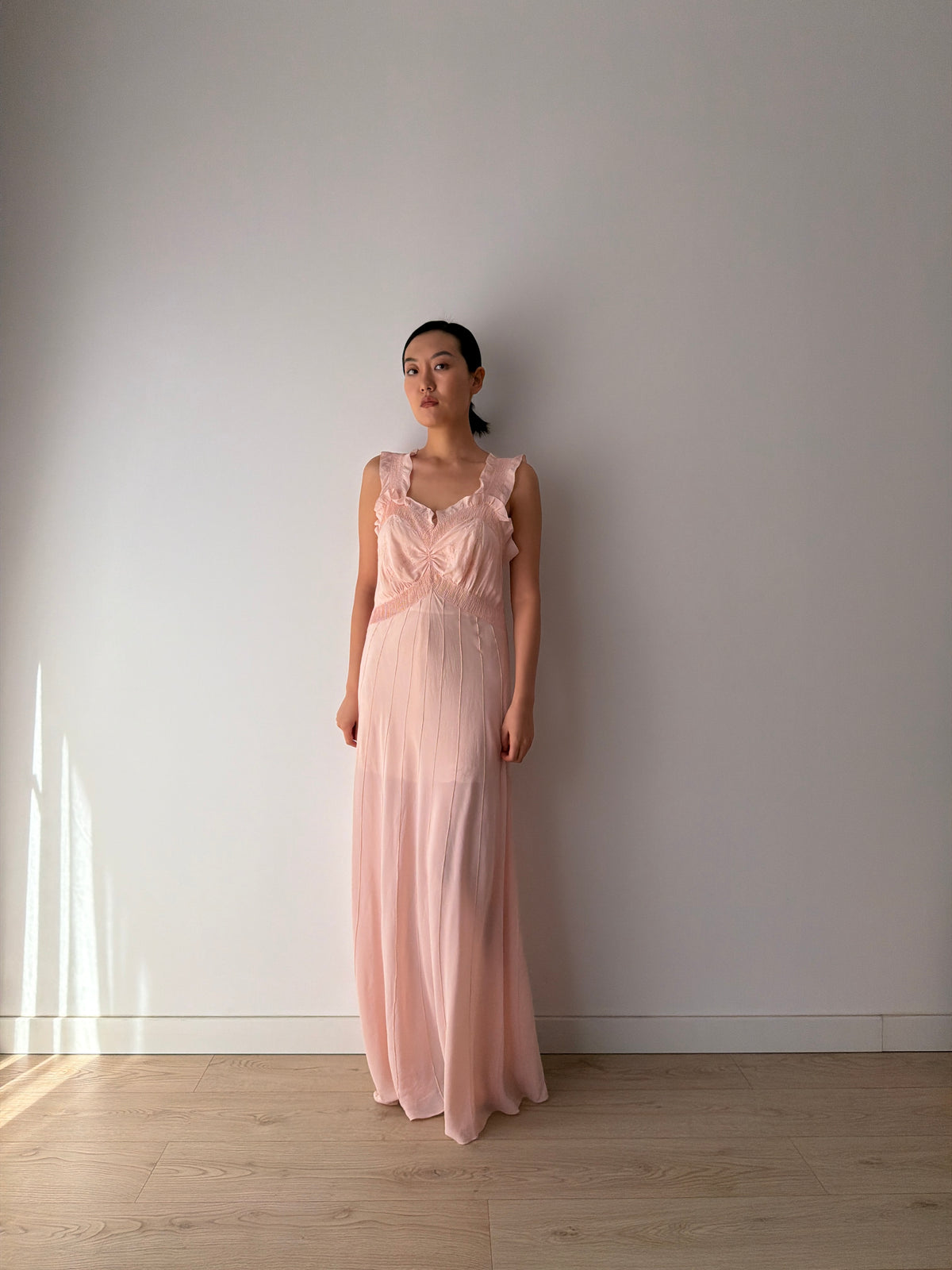1930s–1940s Pink Pure Silk Nightgown, Ruffled Straps and Ruched Bodice, Vintage Maxi Slip Dress
