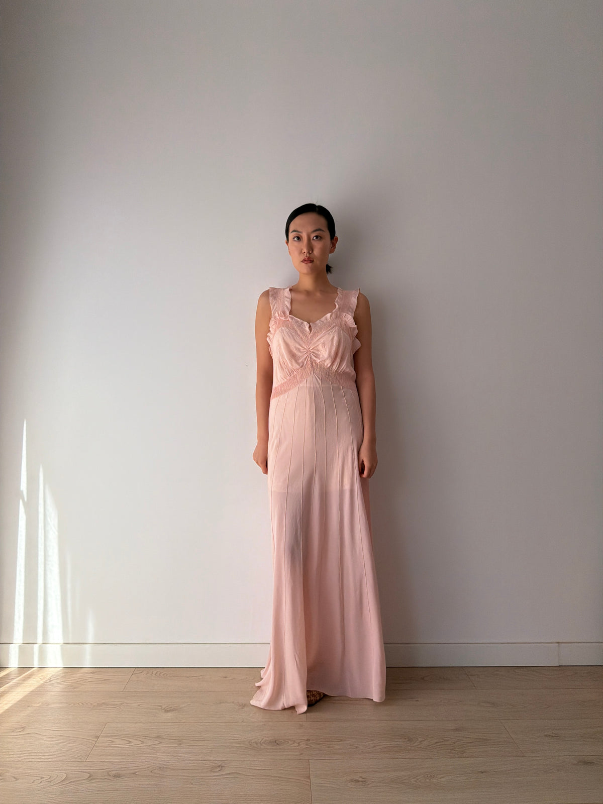 1930s–1940s Pink Pure Silk Nightgown, Ruffled Straps and Ruched Bodice, Vintage Maxi Slip Dress