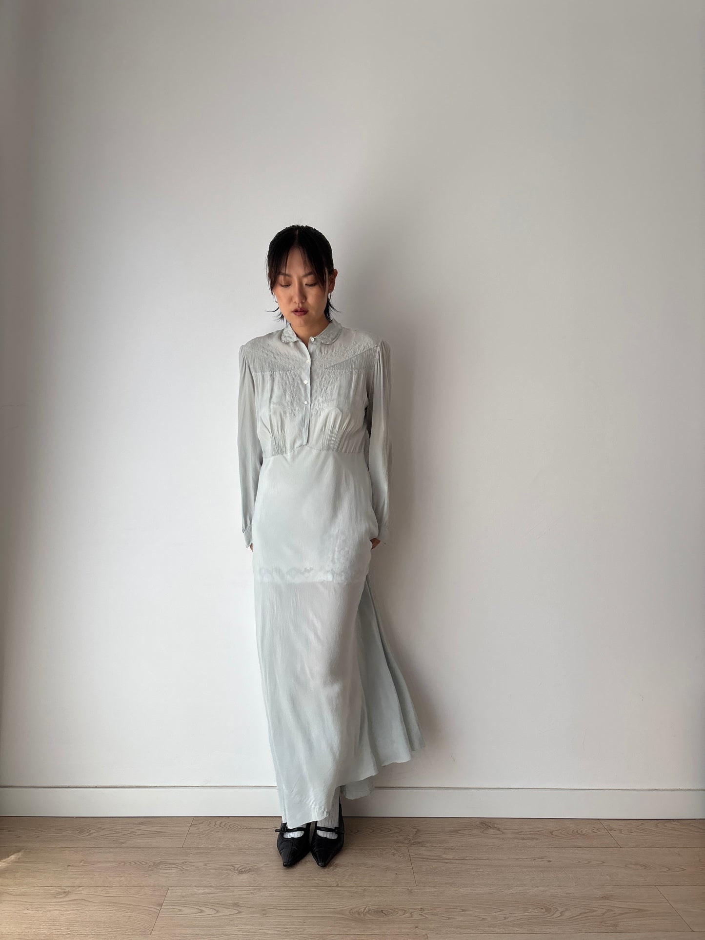 1930s Antique Blue Bias Cut Negligee Pure Silk Crepe Embroidery Nightgown