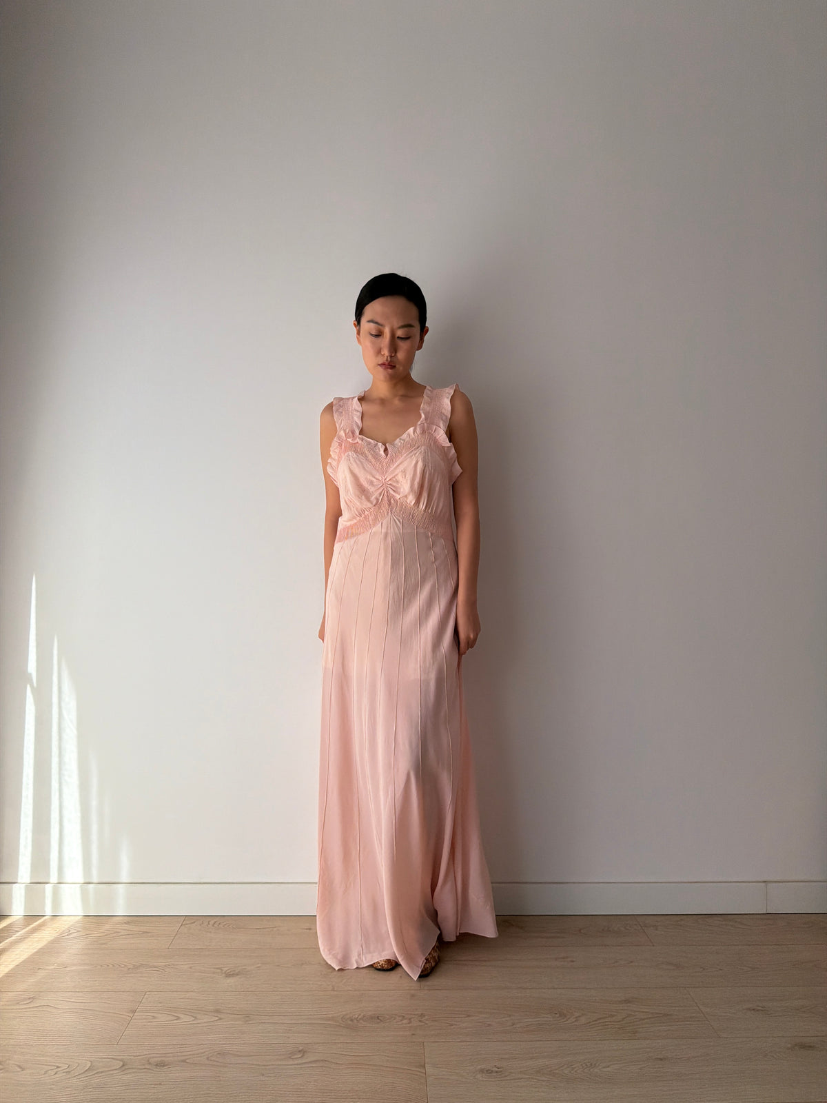 1930s–1940s Pink Pure Silk Nightgown, Ruffled Straps and Ruched Bodice, Vintage Maxi Slip Dress