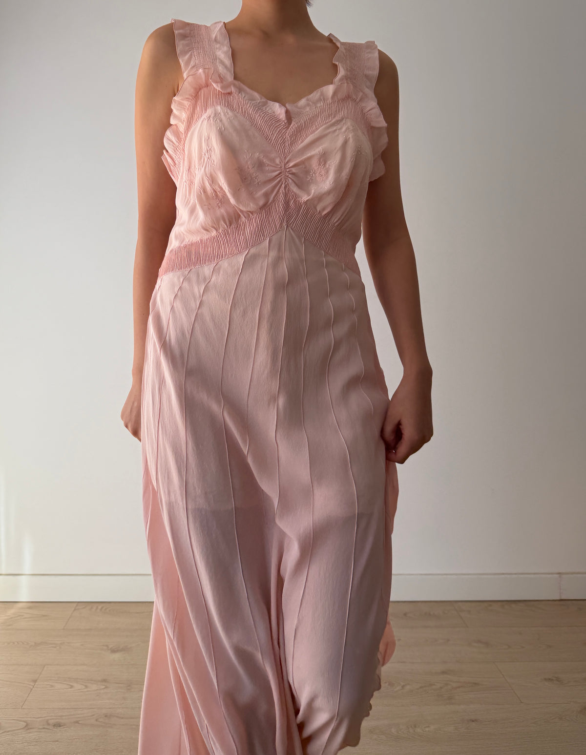 1930s–1940s Pink Pure Silk Nightgown, Ruffled Straps and Ruched Bodice, Vintage Maxi Slip Dress