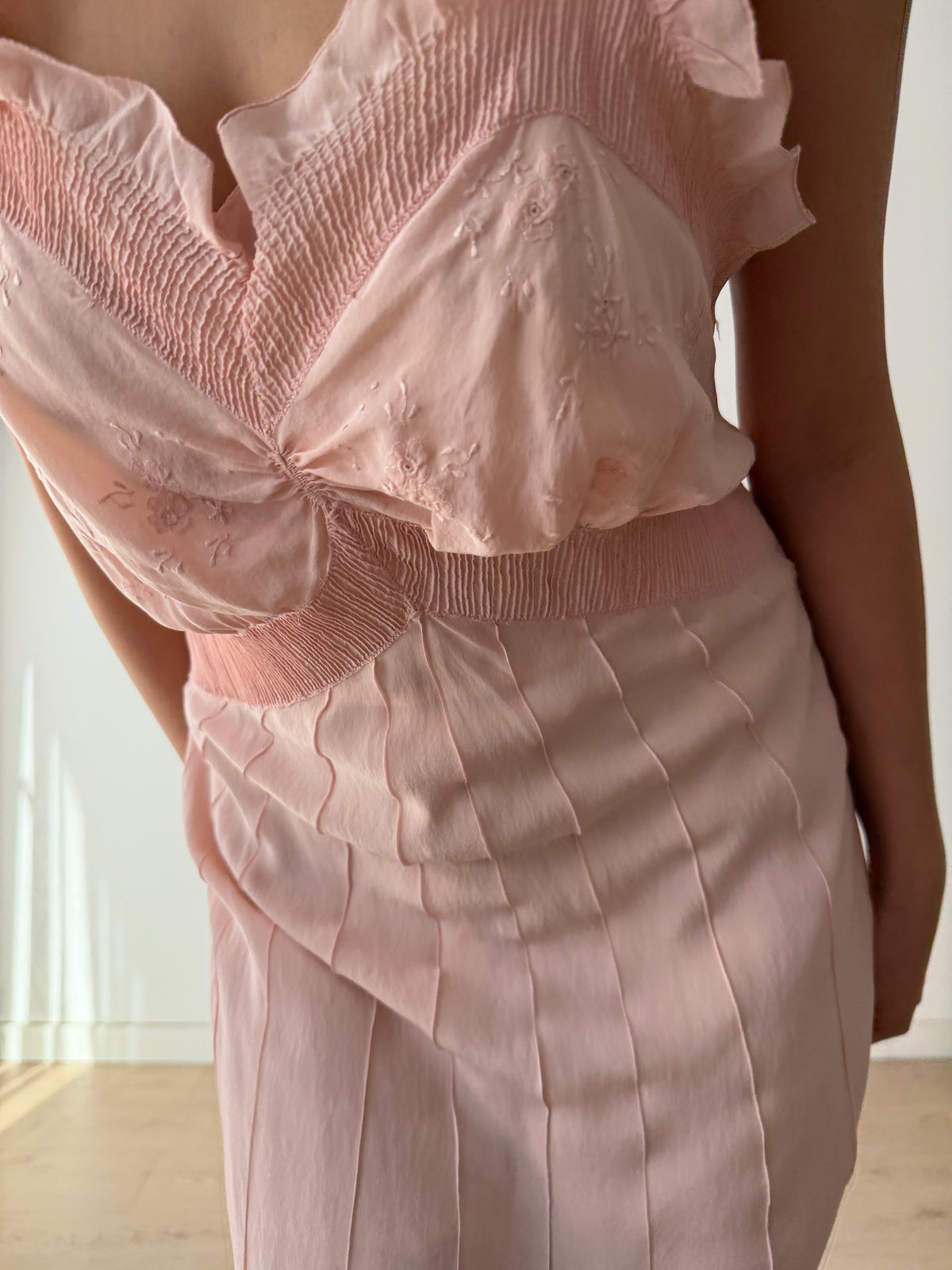 1930s–1940s Pink Pure Silk Nightgown, Ruffled Straps and Ruched Bodice, Vintage Maxi Slip Dress