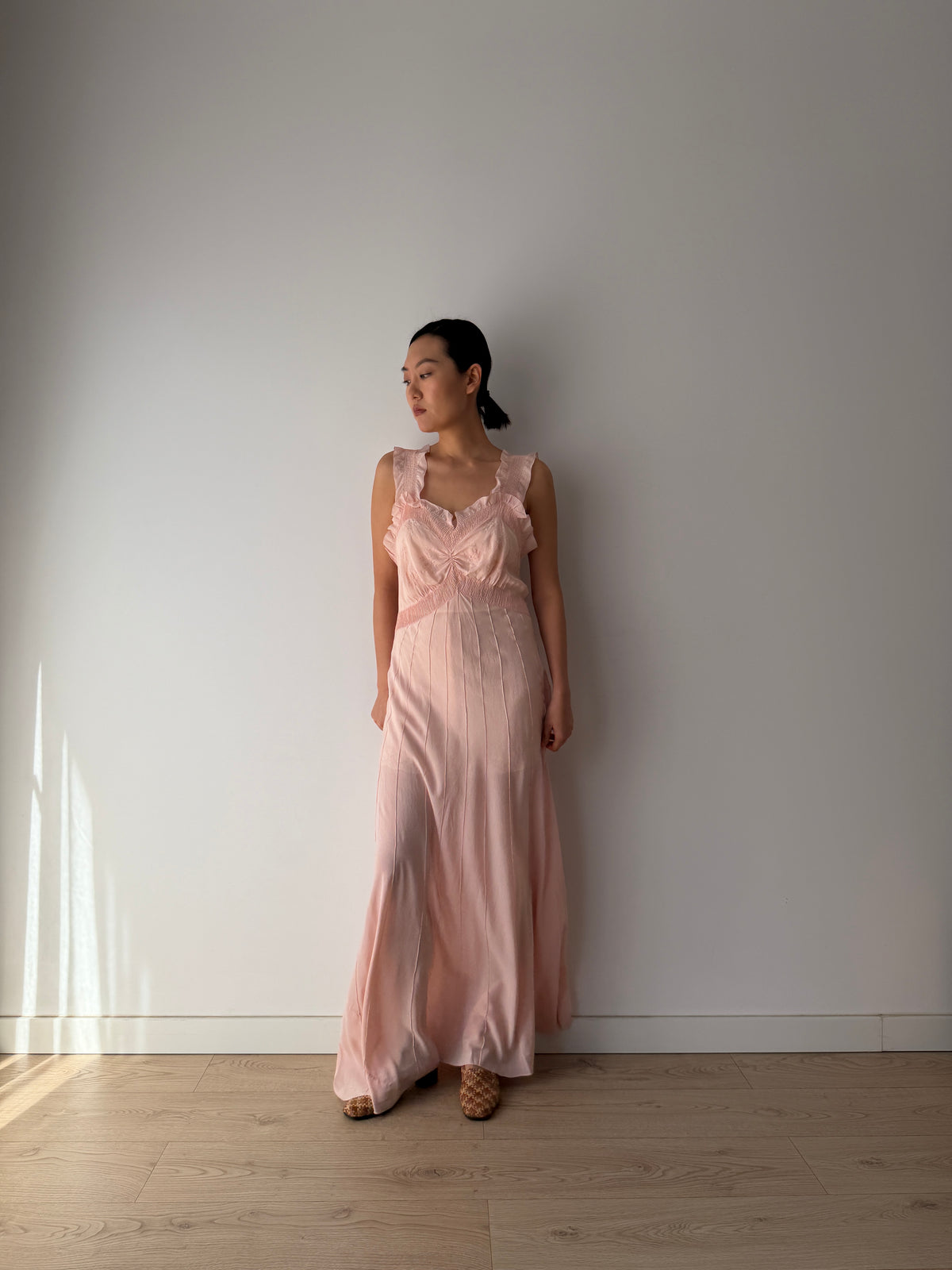 1930s–1940s Pink Pure Silk Nightgown, Ruffled Straps and Ruched Bodice, Vintage Maxi Slip Dress