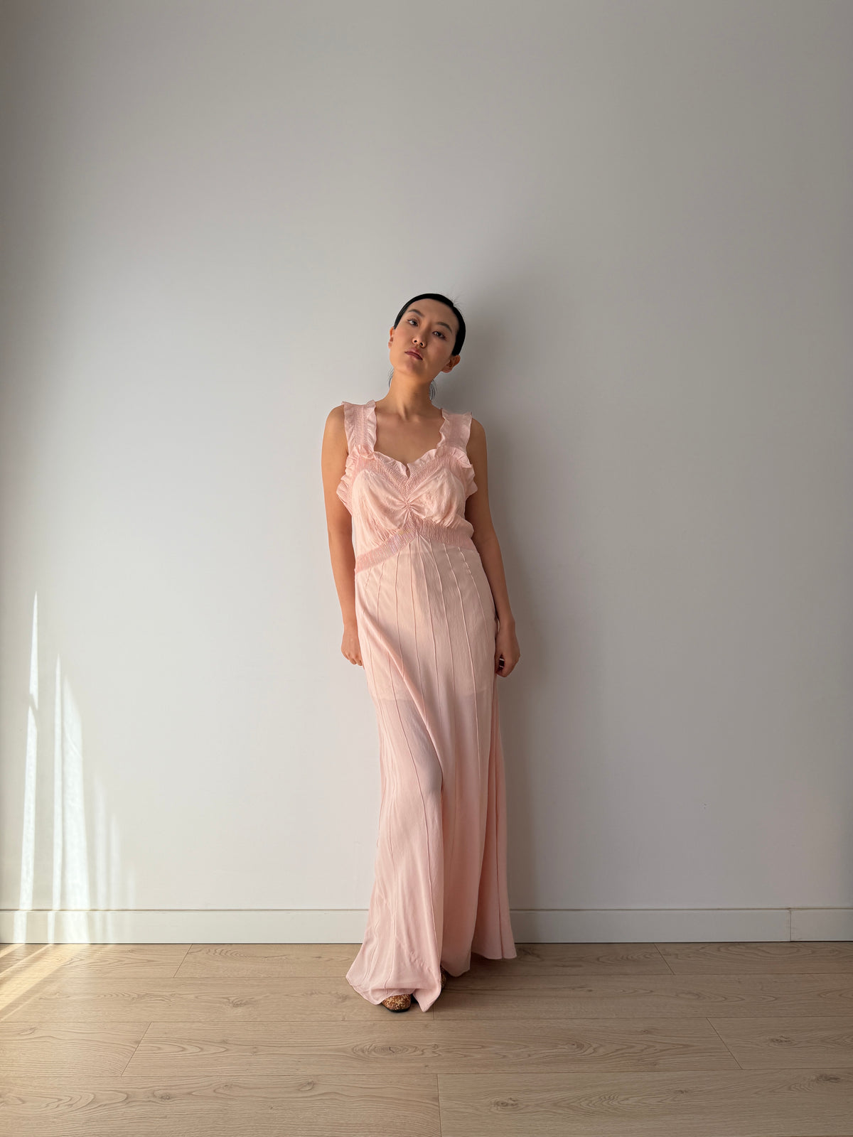 1930s–1940s Pink Pure Silk Nightgown, Ruffled Straps and Ruched Bodice, Vintage Maxi Slip Dress