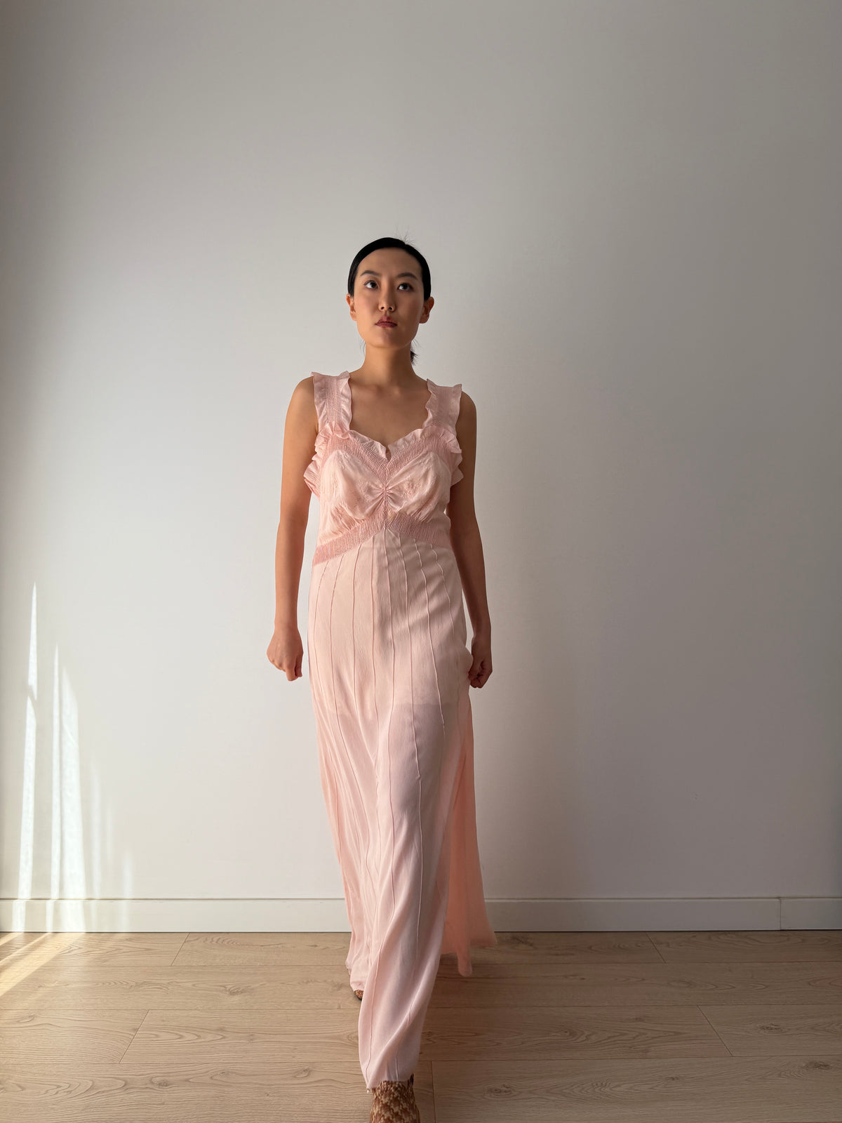 1930s–1940s Pink Pure Silk Nightgown, Ruffled Straps and Ruched Bodice, Vintage Maxi Slip Dress