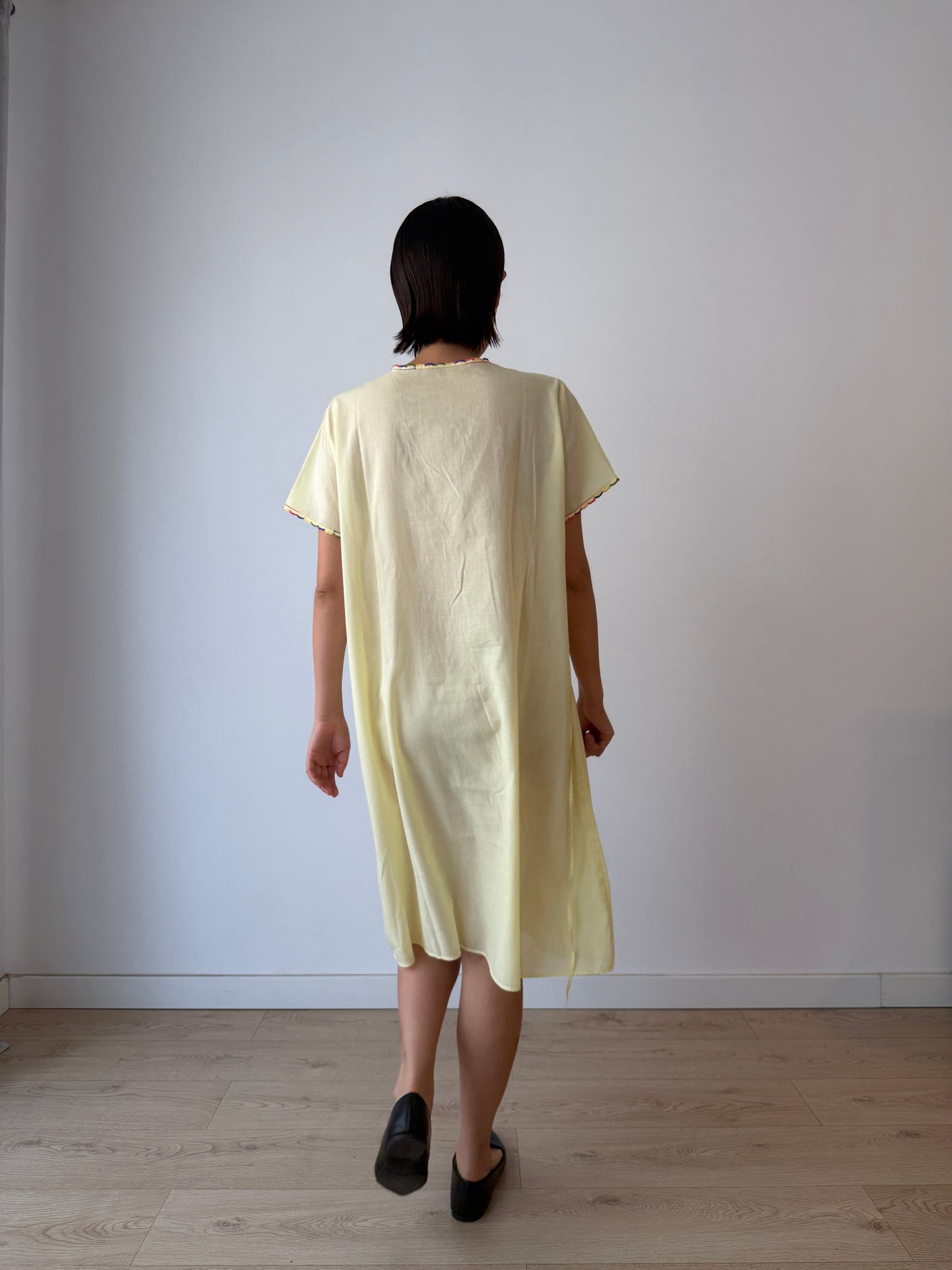 1940s Flower Embroidered Cotton Nightgown in Yellow: Long Slip Dress