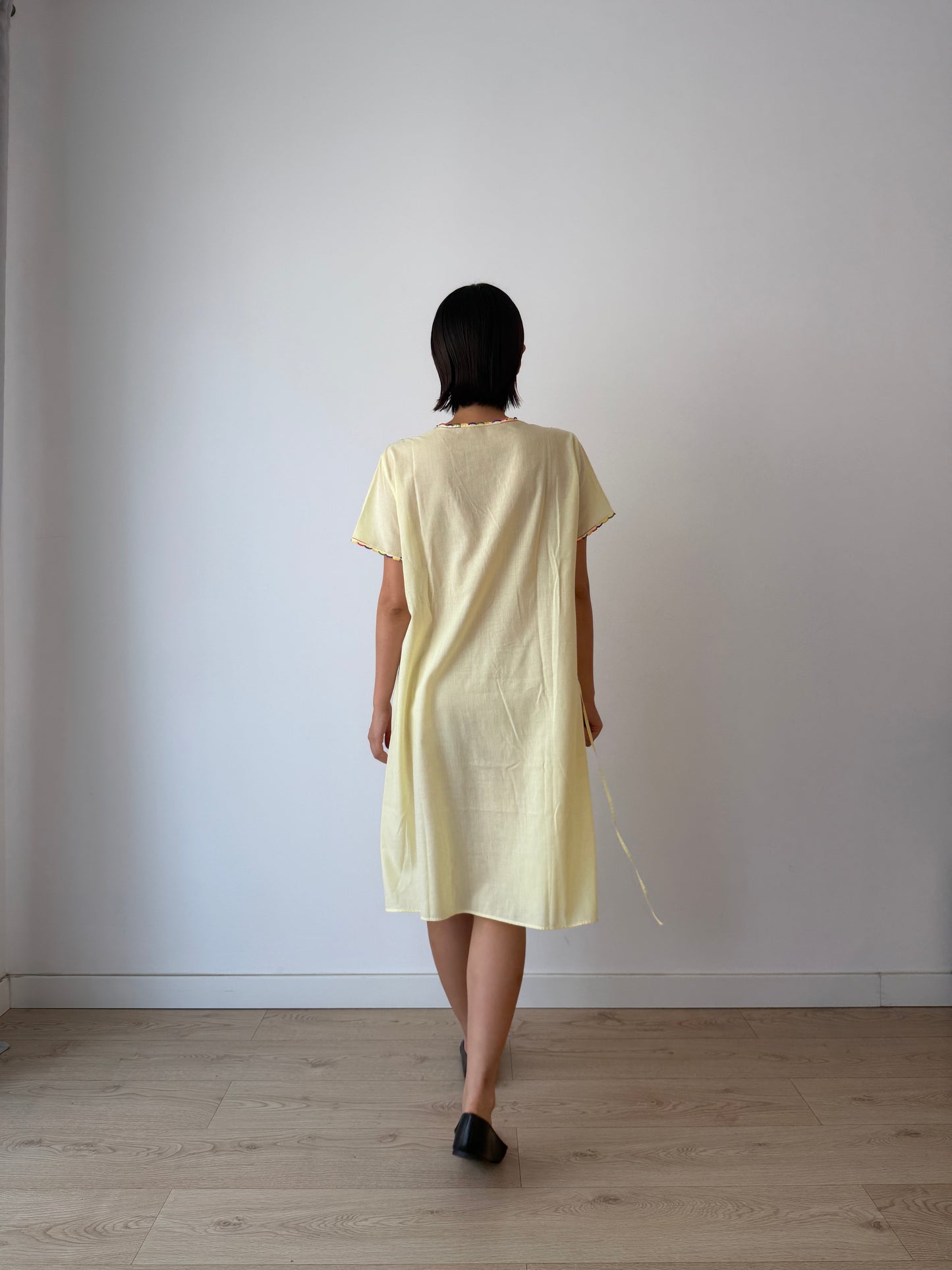 1940s Flower Embroidered Cotton Nightgown in Yellow: Long Slip Dress