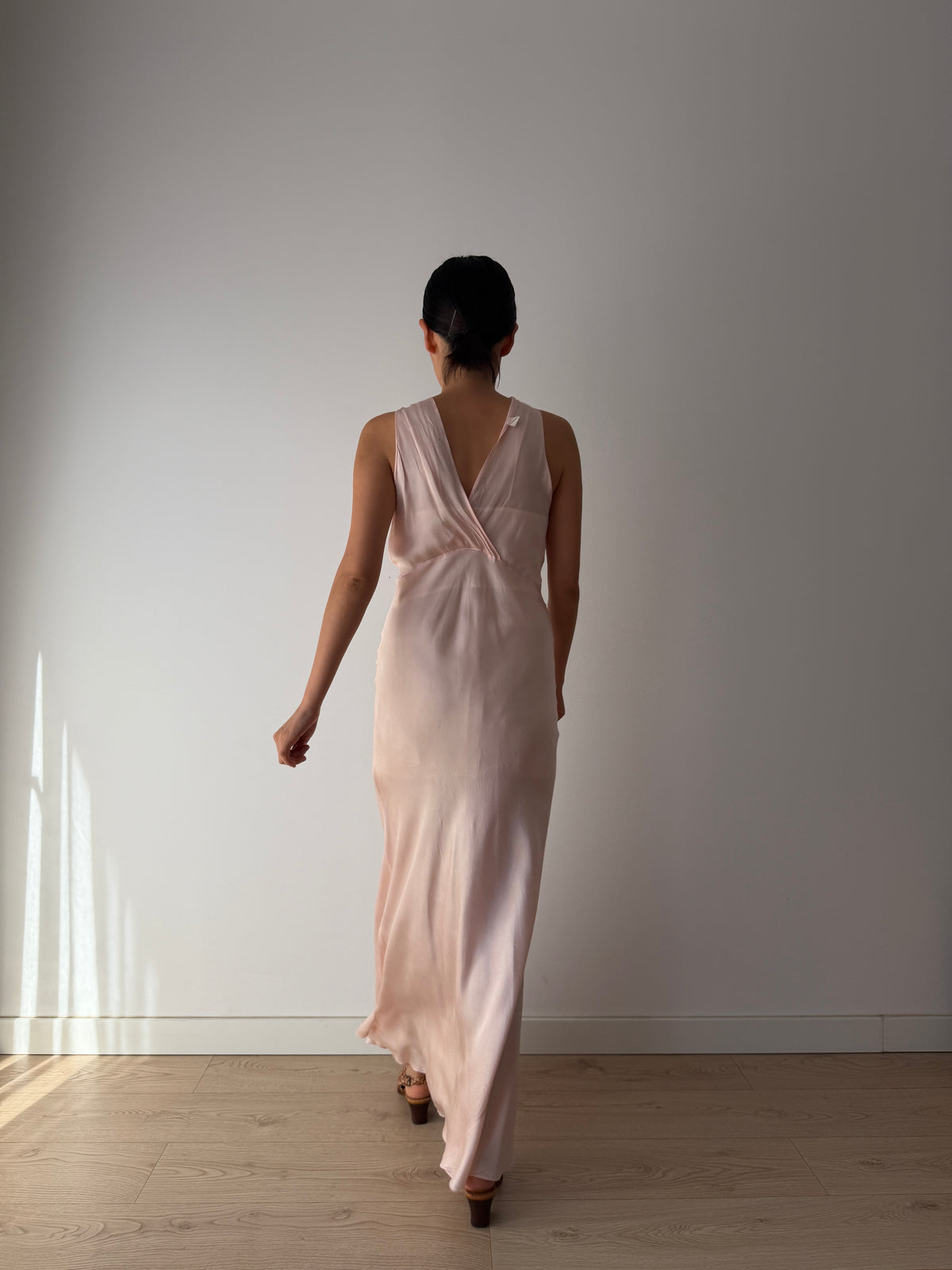 1930s–1940s Bias cut Pink Satin Nightgown, Floral Embroidery and Crossover V Neck, Vintage Maxi Dress