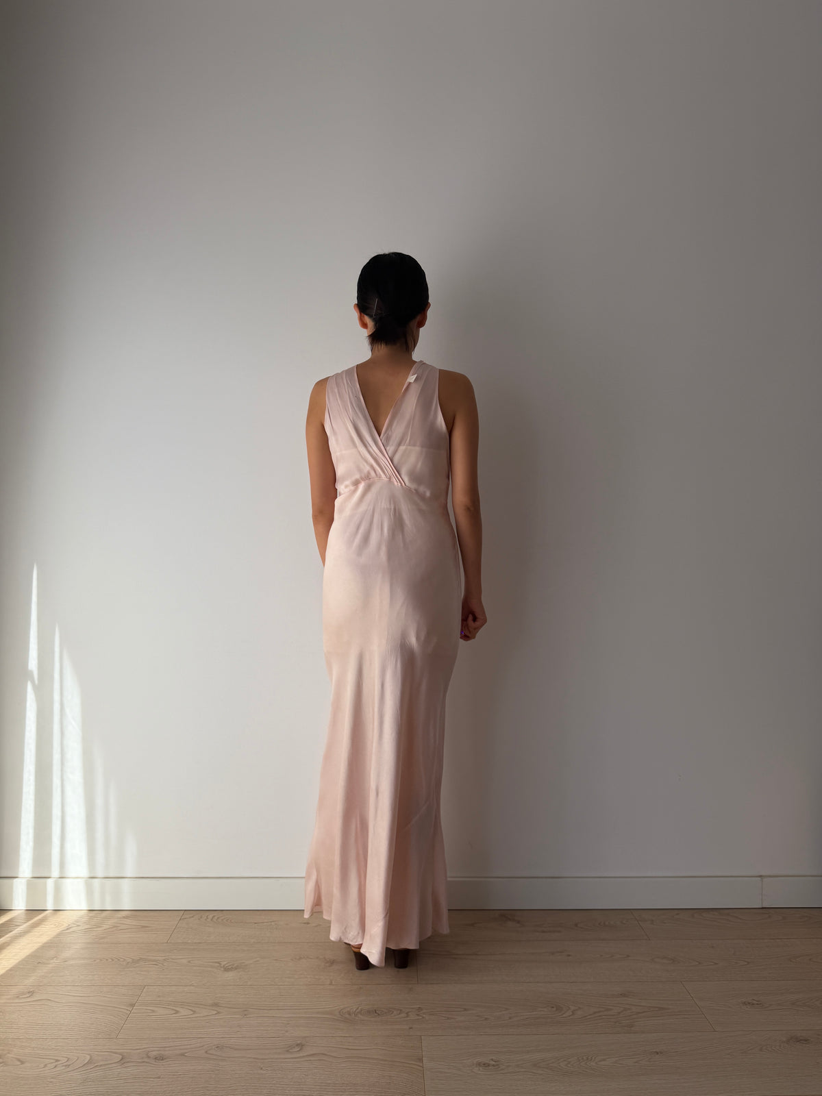 1930s–1940s Bias cut Pink Satin Nightgown, Floral Embroidery and Crossover V Neck, Vintage Maxi Dress