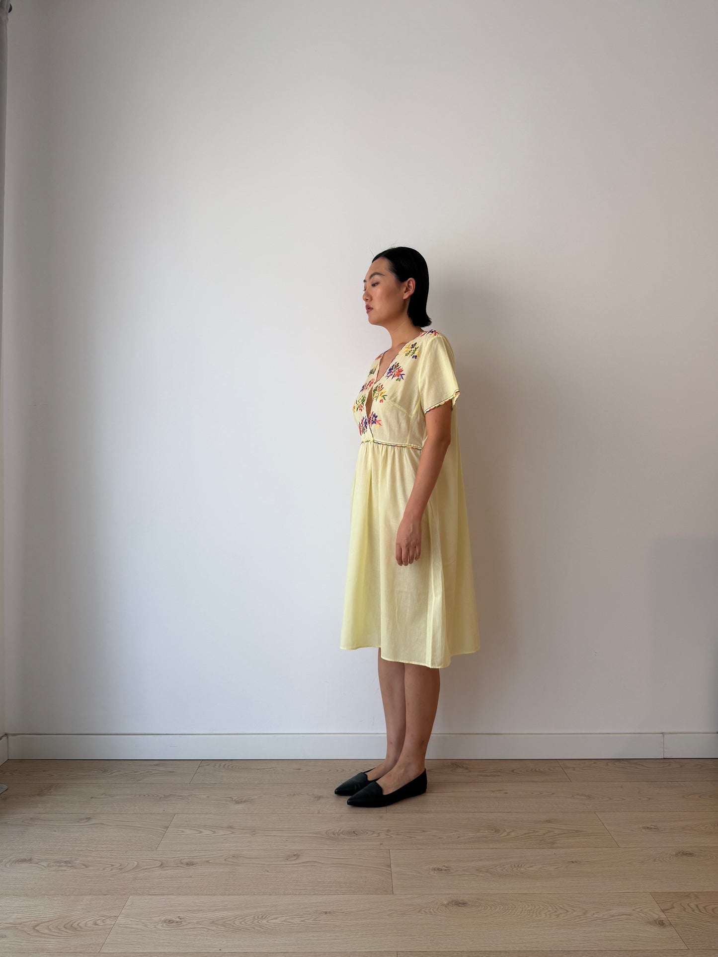 1940s Flower Embroidered Cotton Nightgown in Yellow: Long Slip Dress