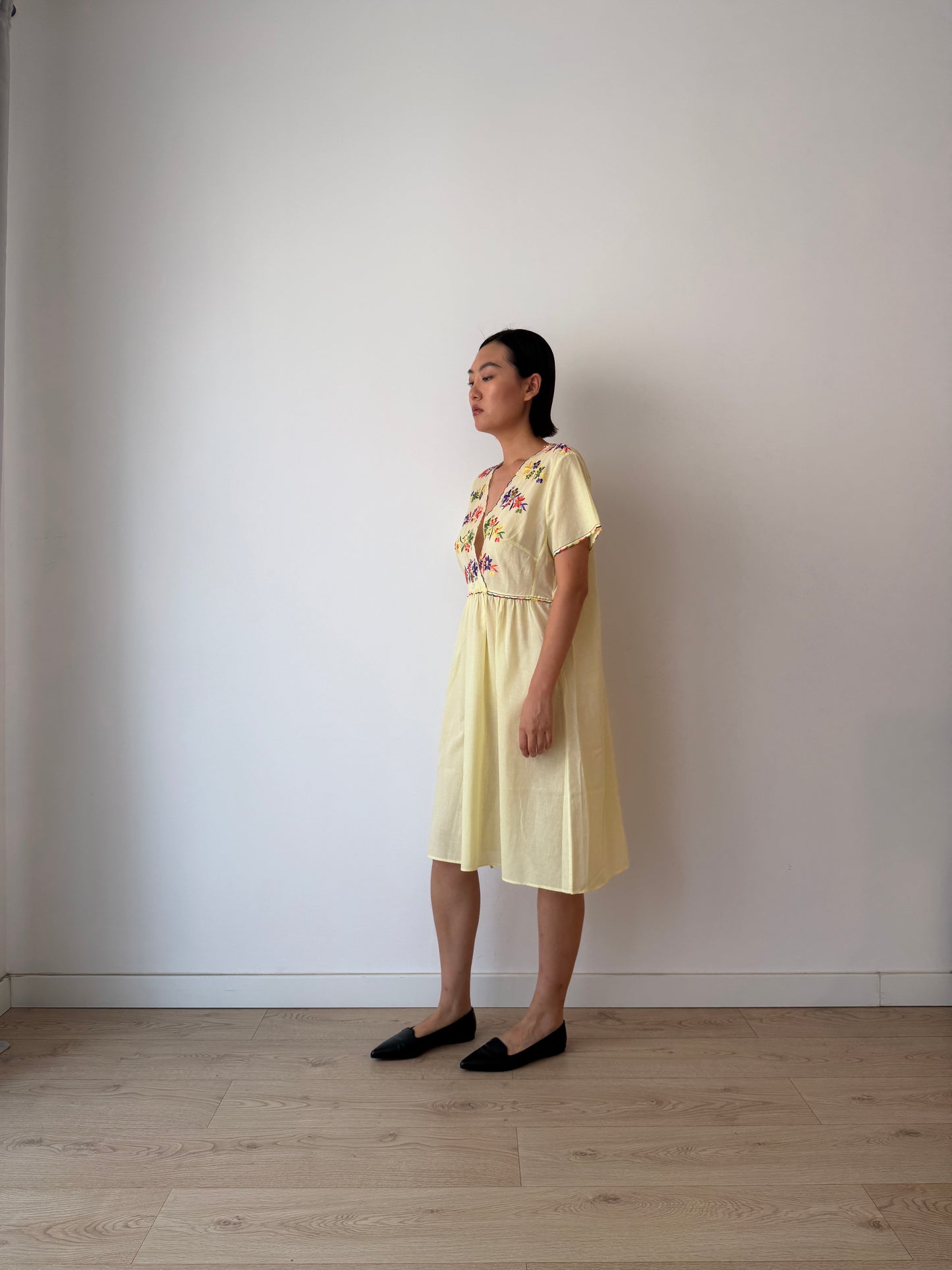 1940s Flower Embroidered Cotton Nightgown in Yellow: Long Slip Dress