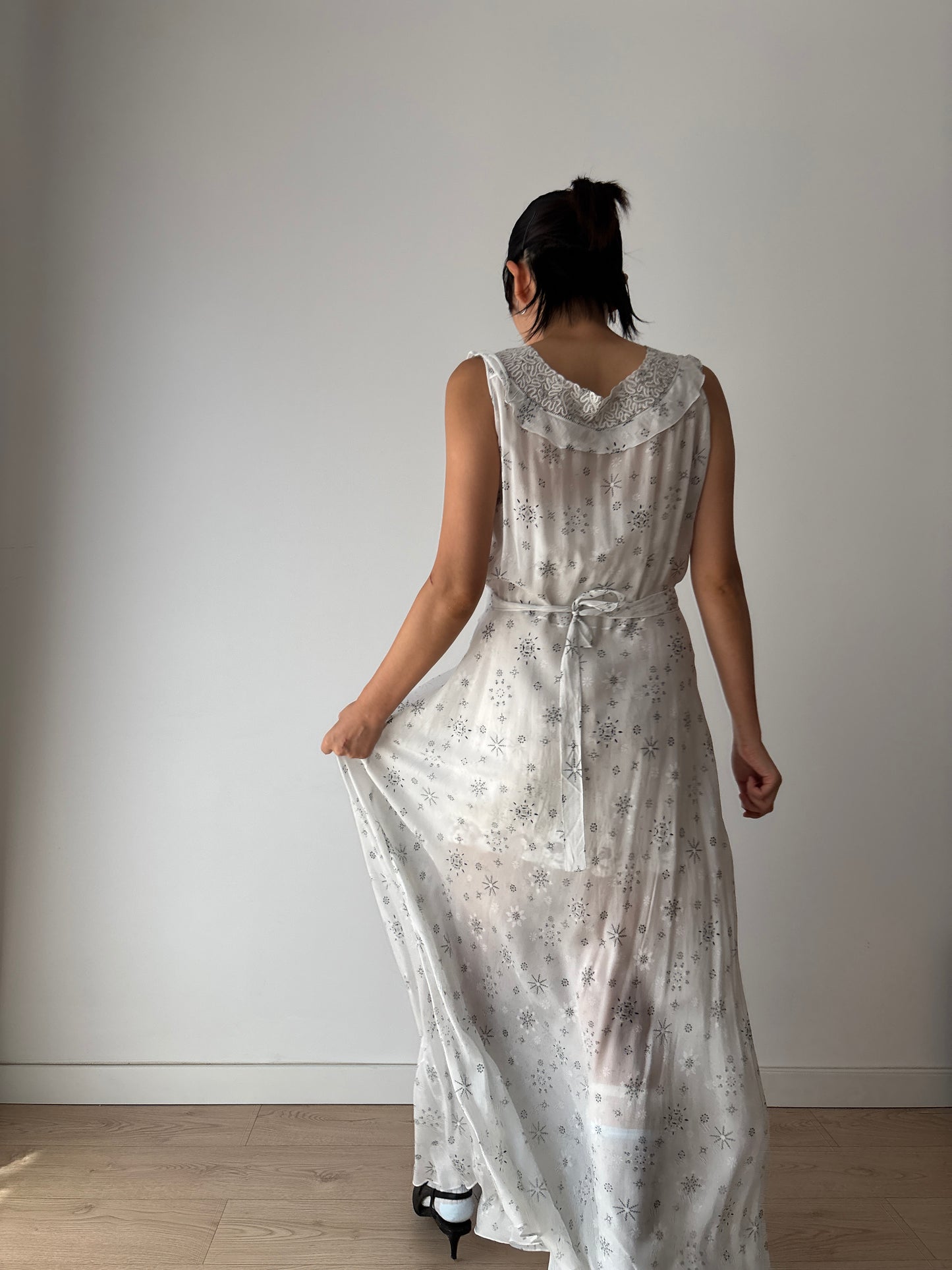 vintage 1940s blue print silk lace ribbon art deco style bias cut dress