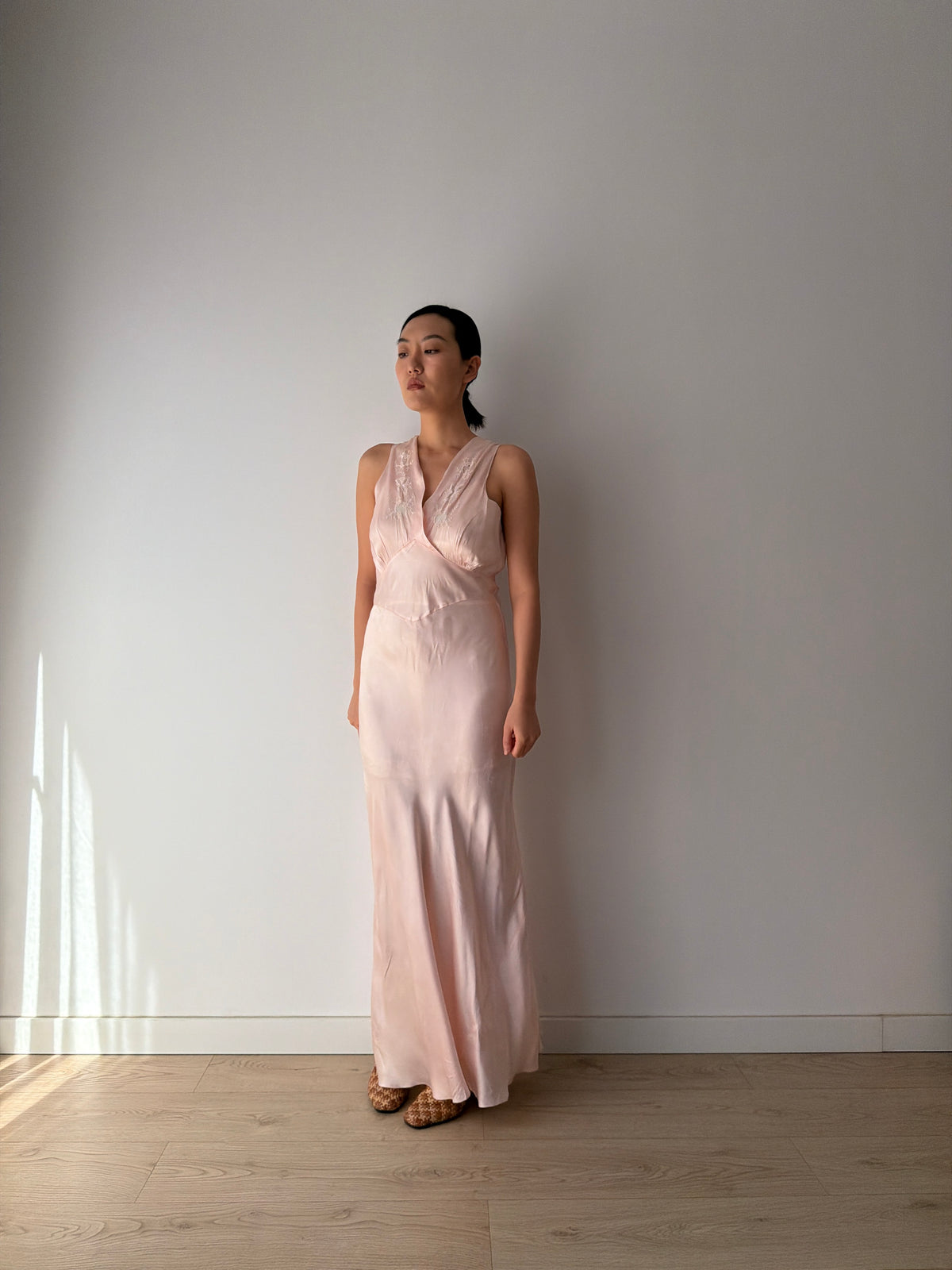 1930s–1940s Bias cut Pink Satin Nightgown, Floral Embroidery and Crossover V Neck, Vintage Maxi Dress