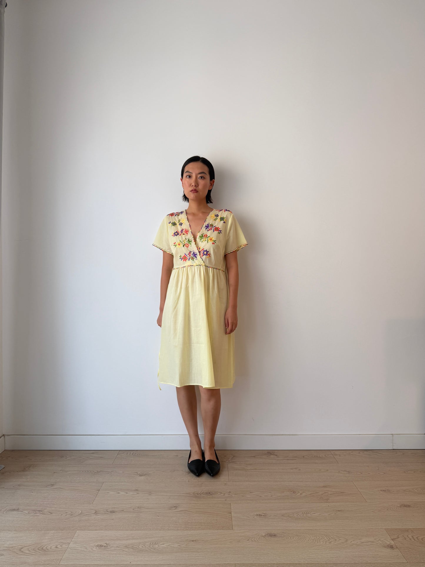 1940s Flower Embroidered Cotton Nightgown in Yellow: Long Slip Dress