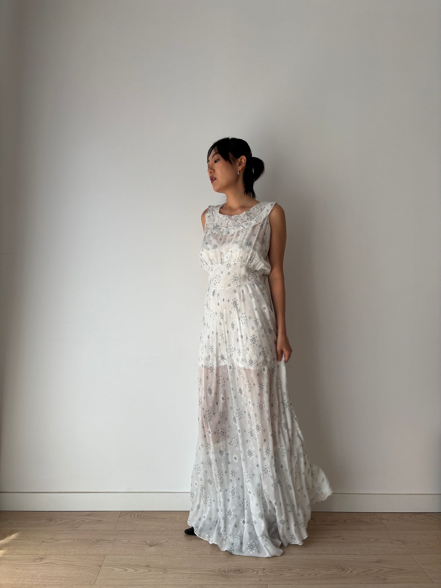 vintage 1940s blue print silk lace ribbon art deco style bias cut dress