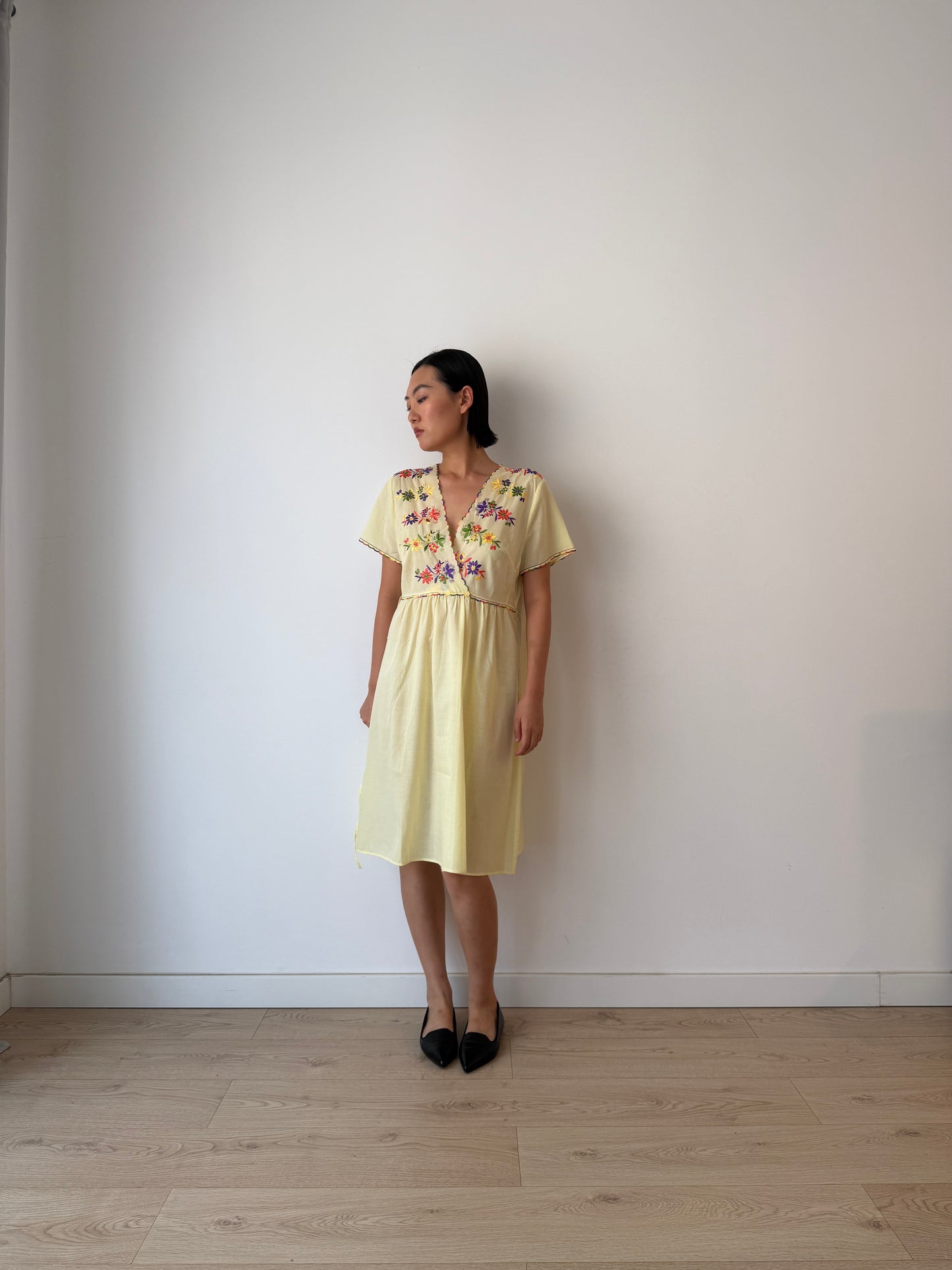 1940s Flower Embroidered Cotton Nightgown in Yellow: Long Slip Dress