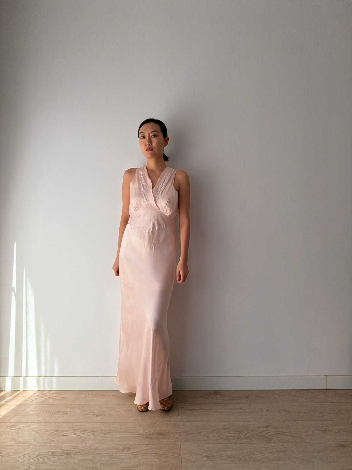1930s–1940s Bias cut Pink Satin Nightgown, Floral Embroidery and Crossover V Neck, Vintage Maxi Dress