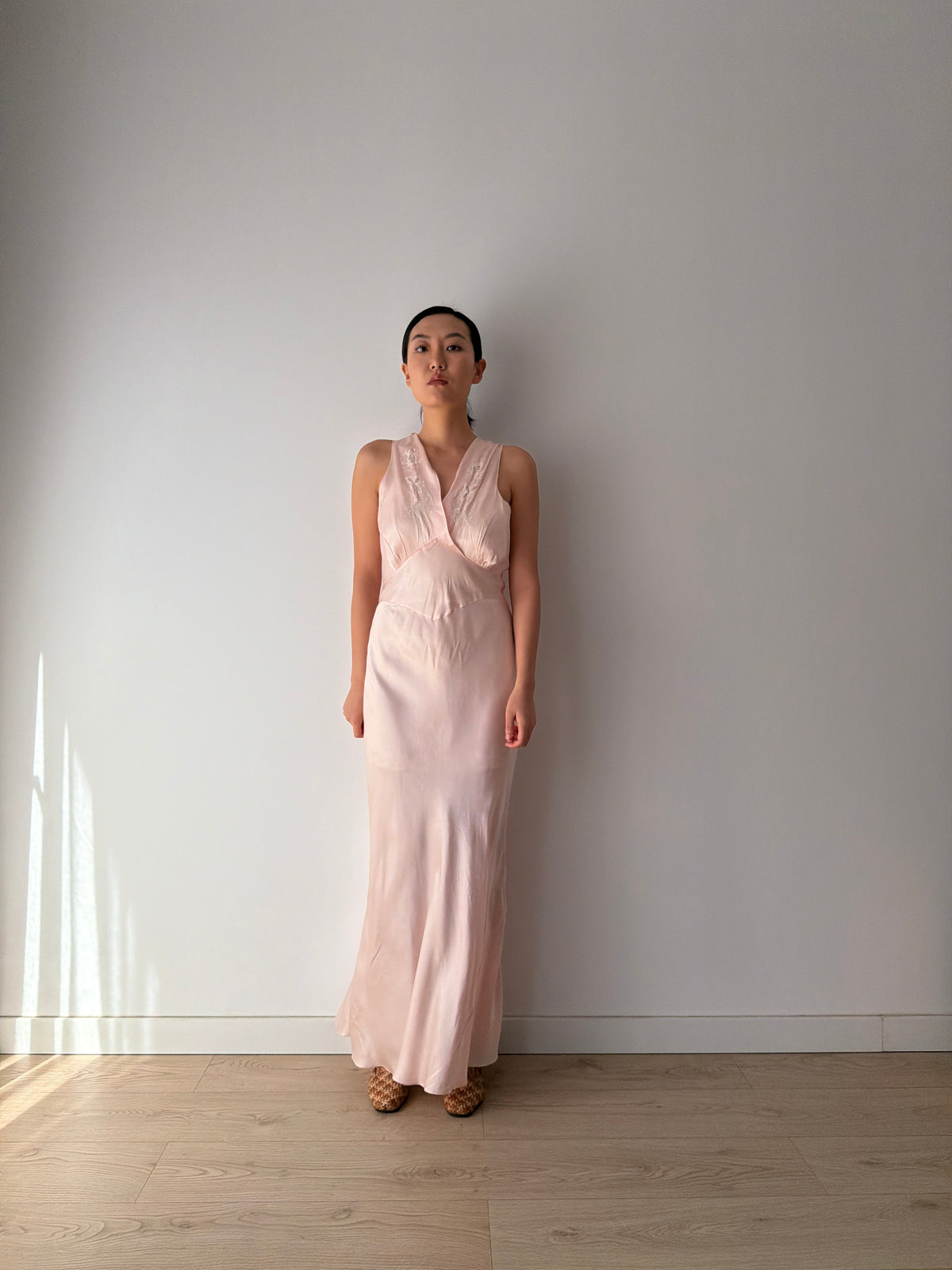 1930s–1940s Bias cut Pink Satin Nightgown, Floral Embroidery and Crossover V Neck, Vintage Maxi Dress