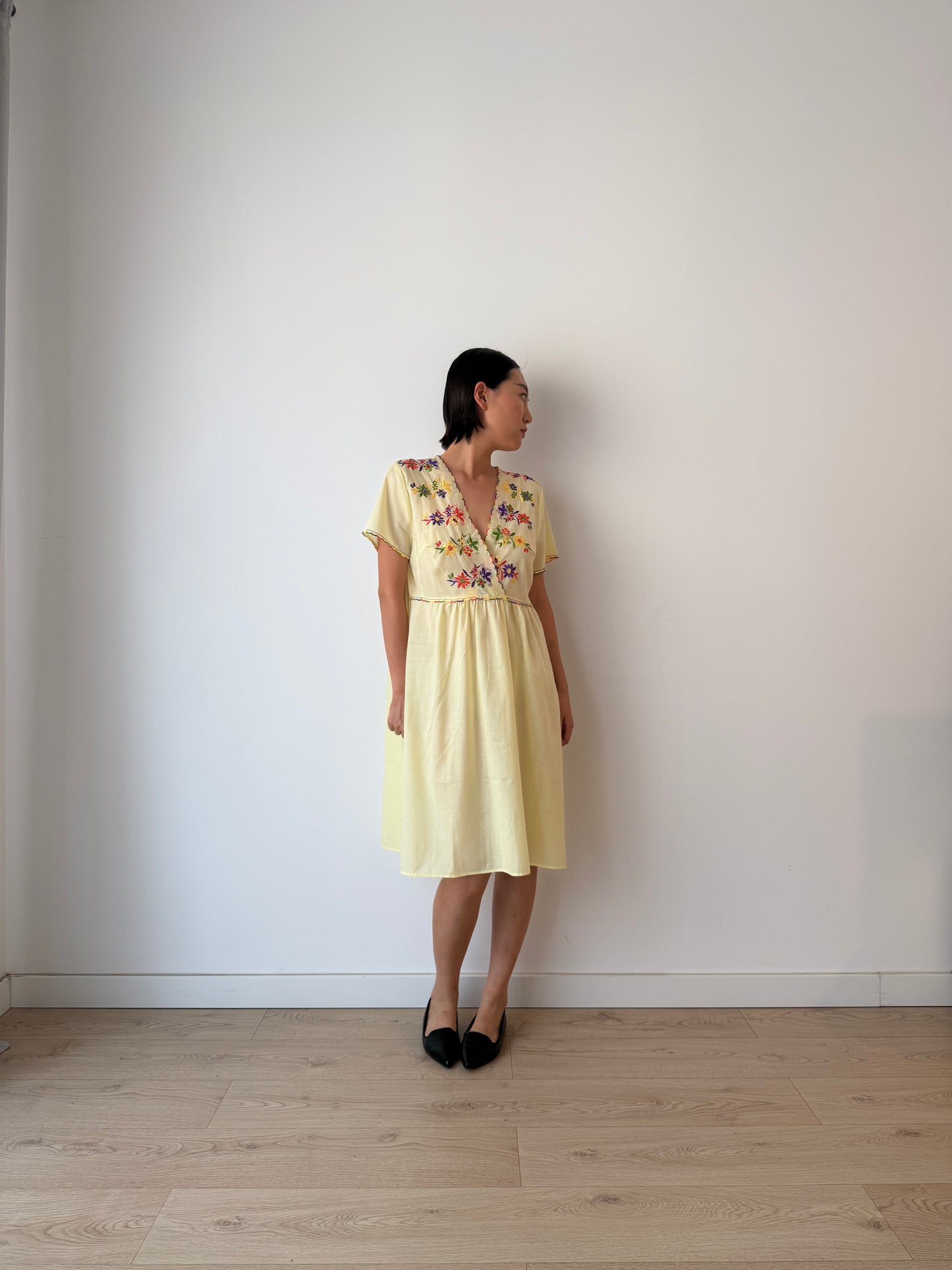 1940s Flower Embroidered Cotton Nightgown in Yellow: Long Slip Dress