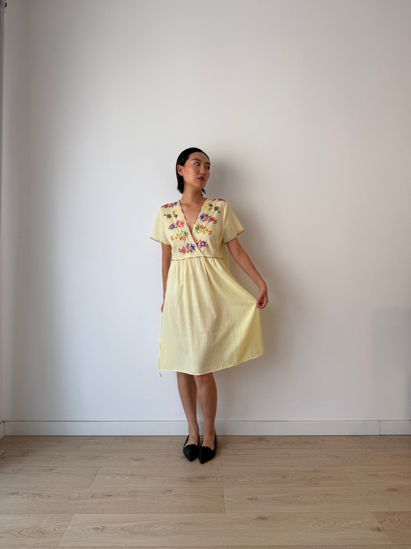 1940s Flower Embroidered Cotton Nightgown in Yellow: Long Slip Dress